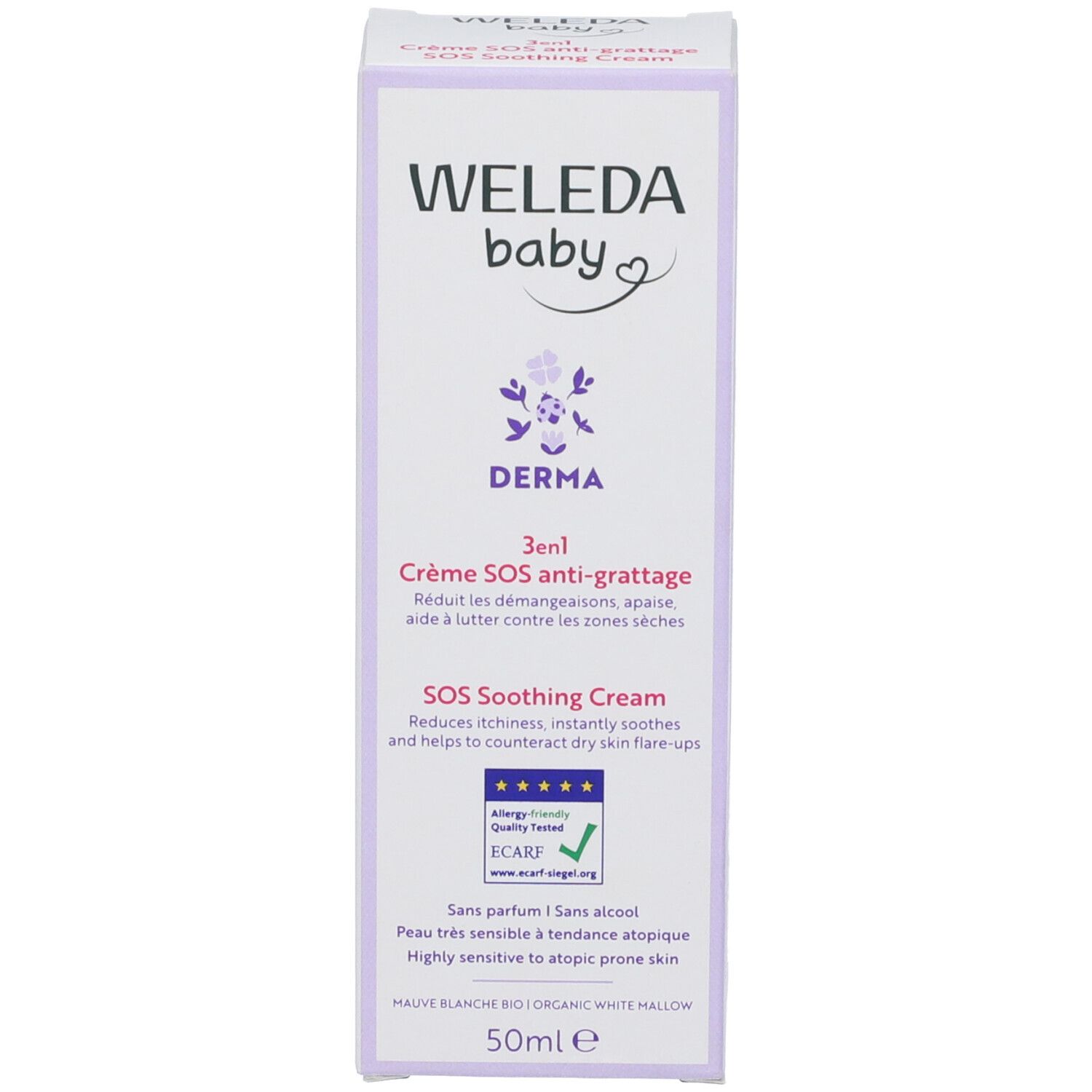 Confezione del prodotto. Scatola bianca con testo blu. Scritta: WELEDA baby, DERMA, 3en1 Crème SOS anti-grattage. Logo.