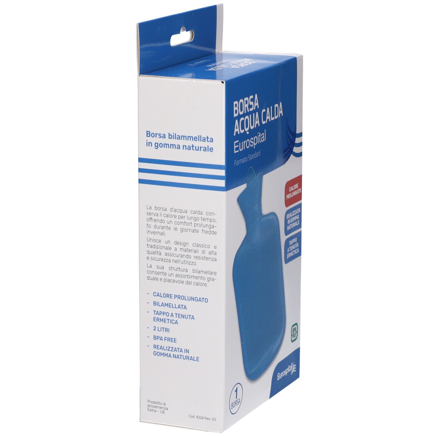 Confezione con borsa acqua calda blu. Scritta: Borsa Acqua Calda Eurospital. 2 litri, senza BPA.