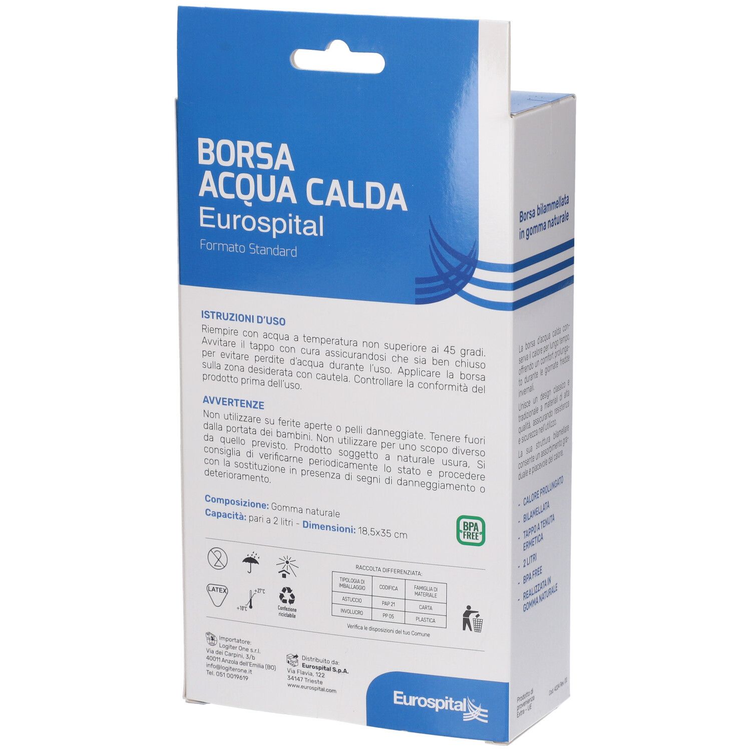 Retro della confezione. Testo: Borsa Acqua Calda Eurospital. Istruzioni e avvertenze.