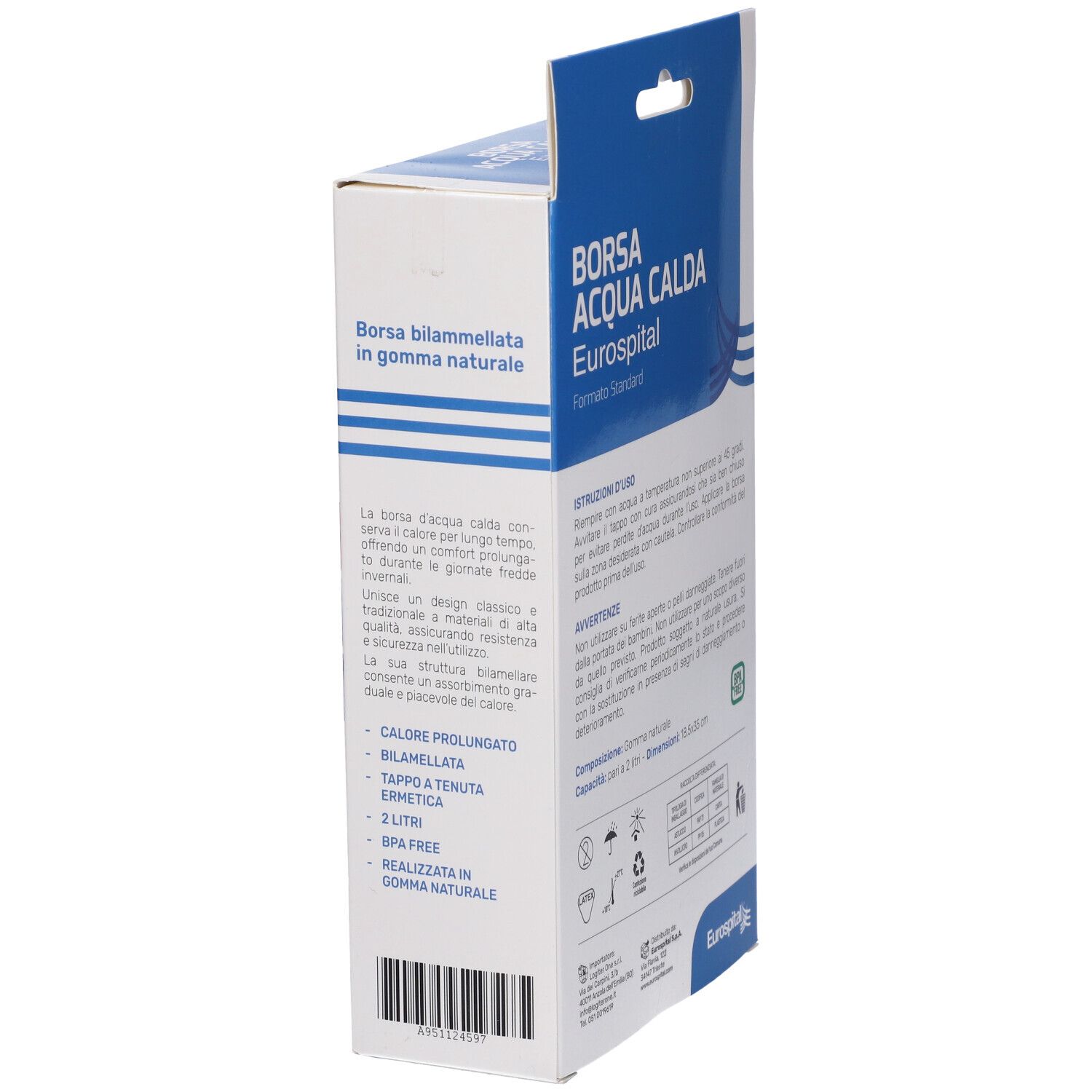 Confezione con borsa acqua calda blu. Scritta: Borsa Acqua Calda Eurospital. Dettagli e avvertenze.