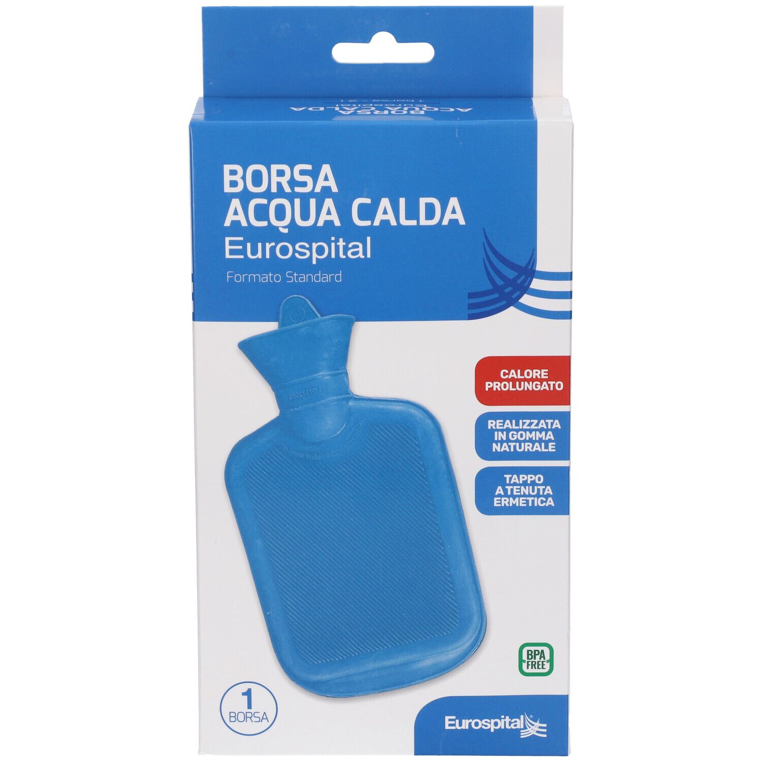 Borsa acqua calda blu in confezione. Scritta: Borsa Acqua Calda Eurospital. Senza BPA.