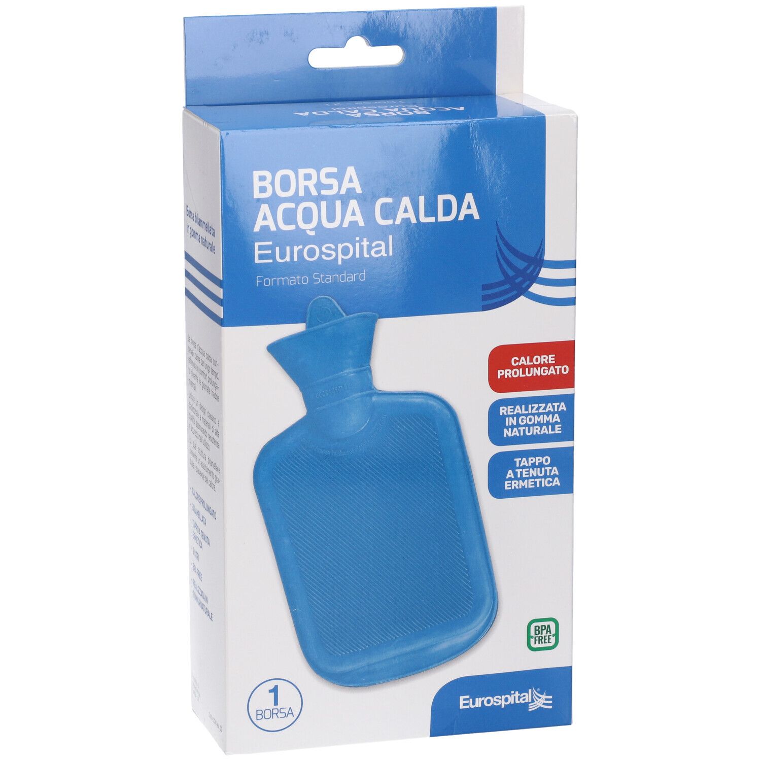 Borsa acqua calda blu in confezione. Scritta: Borsa Acqua Calda Eurospital. Senza BPA.
