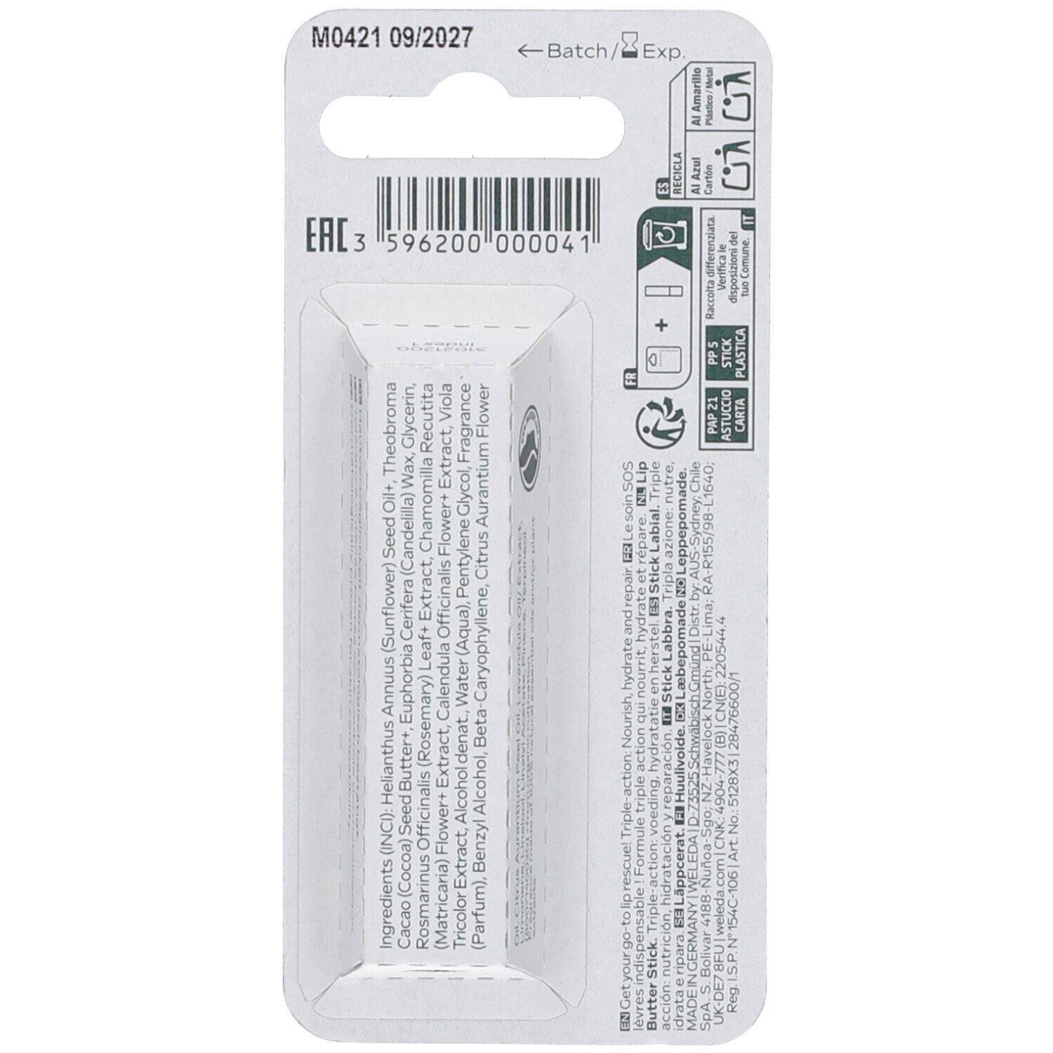 Retro confezione Weleda Skin Food Lip Stick Labbra. Contiene ingredienti, numero di lotto, data di scadenza e codice a barre.