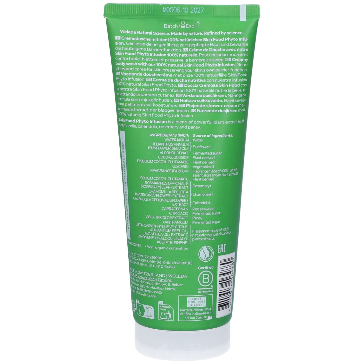 Retro del tubo verde. Ingredienti, certificazioni. Weleda.