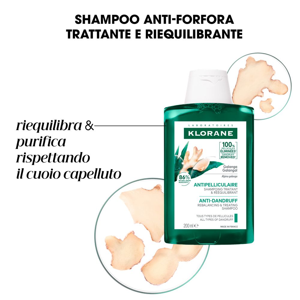 Immagine del prodotto con testo. Flacone di shampoo e pezzi di galanga. Testo: Shampoo anti-forfora. Riequilibra e purifica.