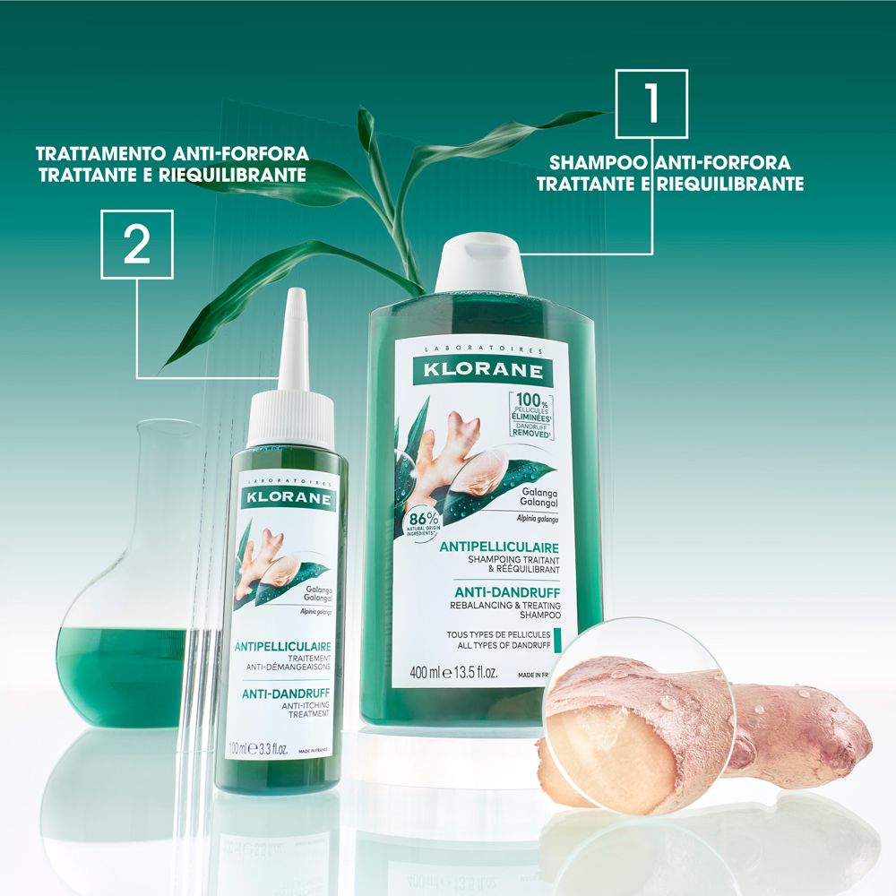 Due flaconi di shampoo e un flacone piccolo. Testo: Trattamento anti-forfora. Estratto di galanga.