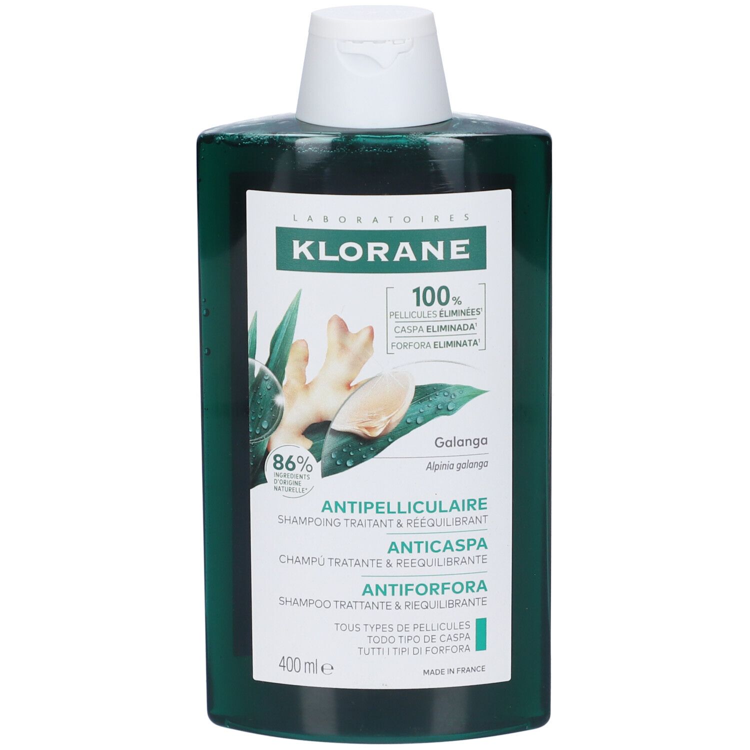 Flacone verde con tappo bianco. Etichetta con nome del prodotto, illustrazione di galanga e testo. 400 ml.