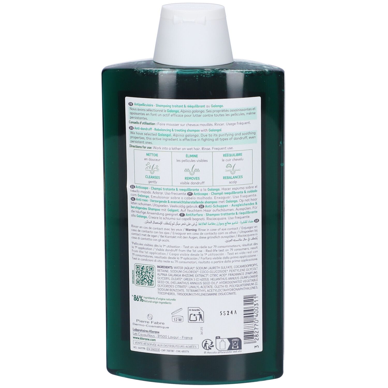 Retro di una bottiglia verde con tappo bianco. Etichetta con testo e codice QR.