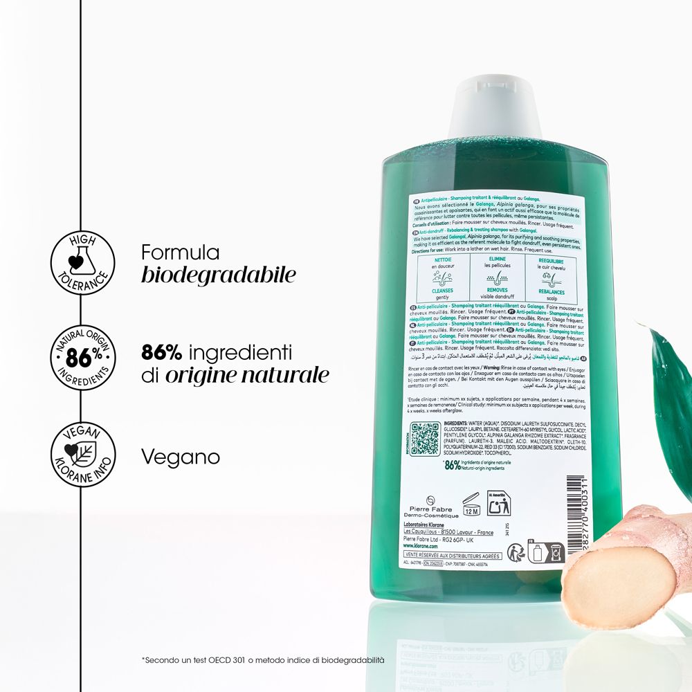 Flacone di shampoo Klorane. 86% ingredienti di origine naturale. Vegano. Formula biodegradabile.