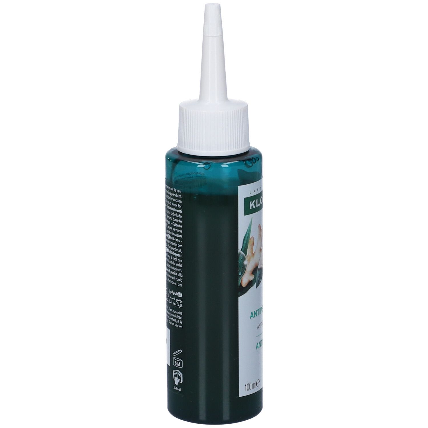 Flacone verde con applicatore bianco. Scritta: Klorane, trattamento antiforfora. Immagine di zenzero.