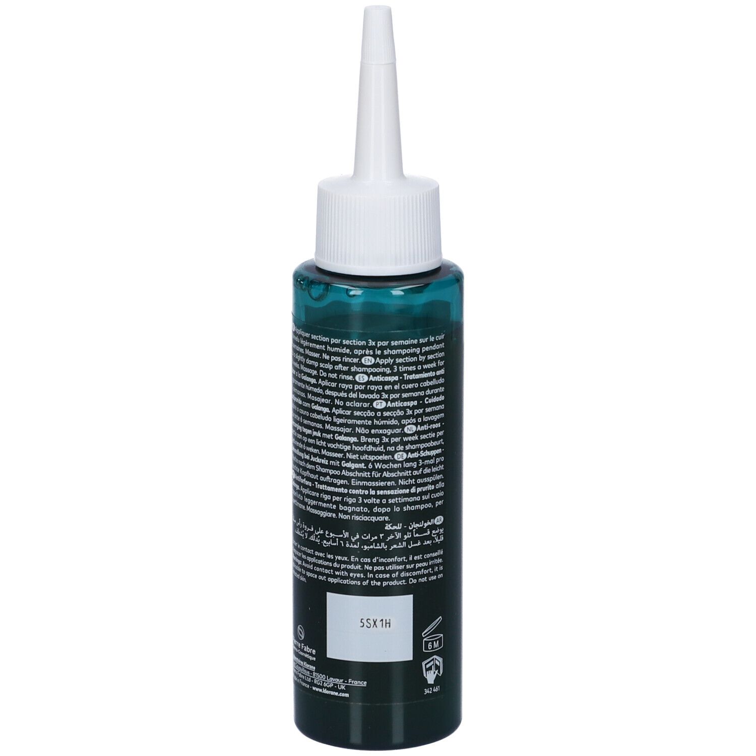 Flacone verde con applicatore bianco. Scritta: Klorane, trattamento antiforfora. Immagine di zenzero.