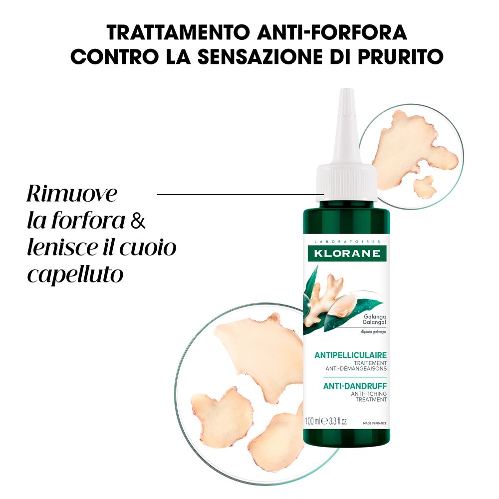 Flacone con testo e immagini di zenzero. Testo: Trattamento antiforfora. Contro il prurito.
