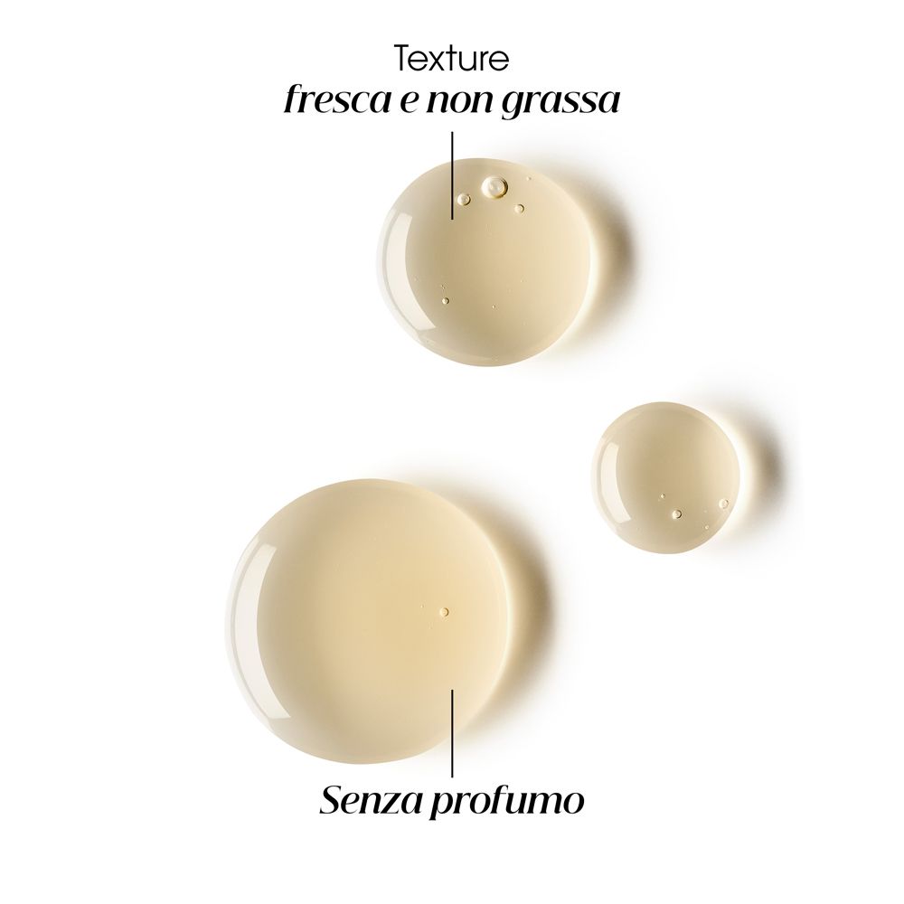 Tre gocce di liquido. Testo: Senza profumo. Testo: Texture fresca e non grassa.