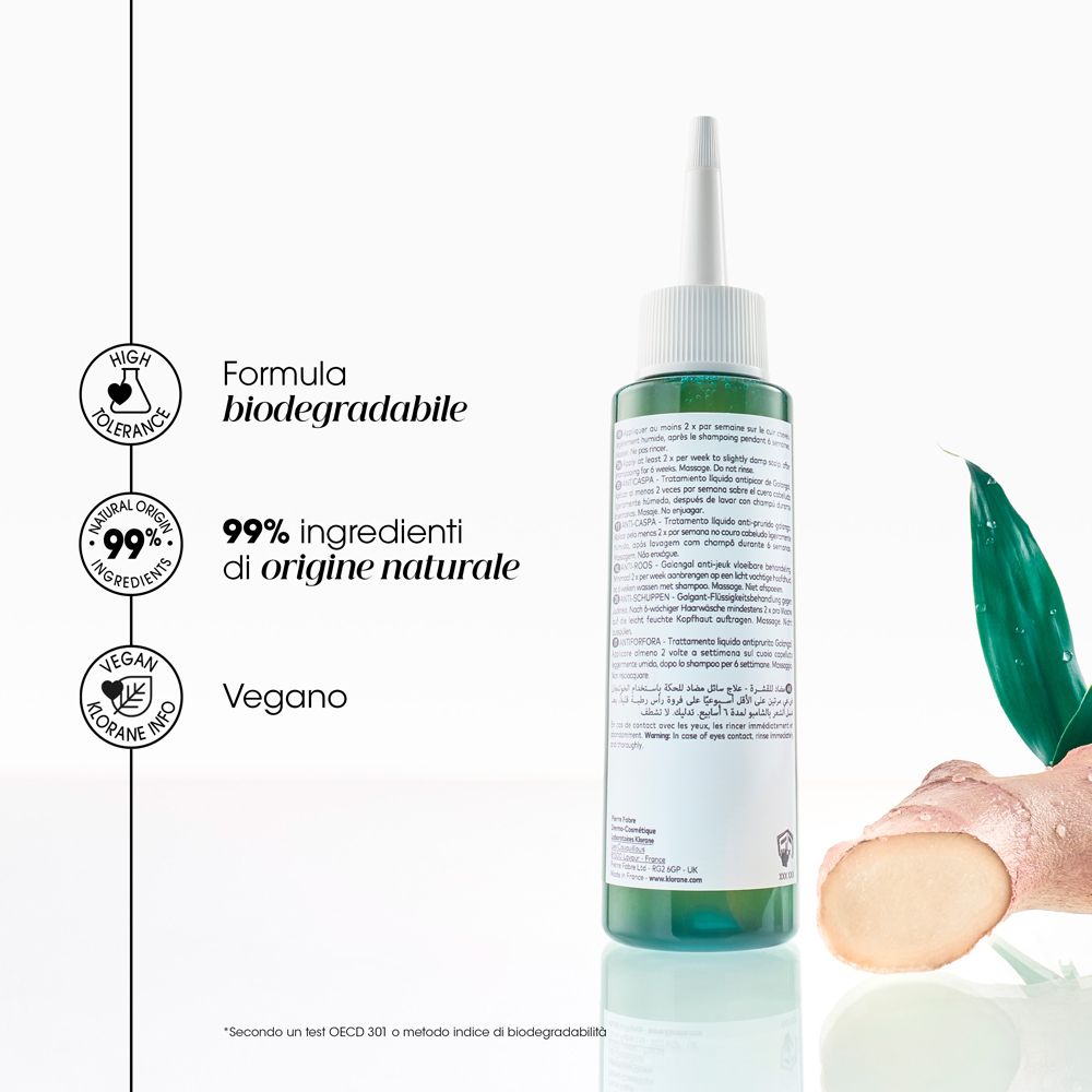 Flacone con testo e loghi. Testo: 99% ingredienti di origine naturale. Vegano. Biodegradabile.