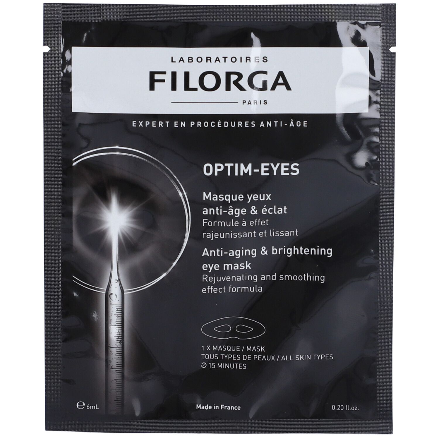 Busta nera Filorga Optim-Eyes. Scritta bianca: Filorga Paris. Maschera occhi anti-età & illuminante. 1 maschera, 15 minuti.