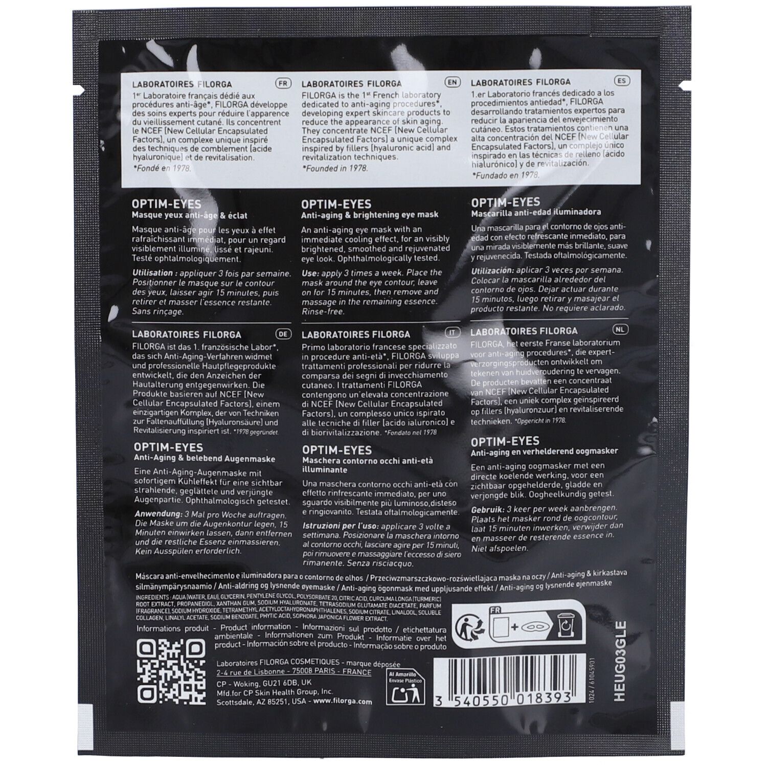 Retro della maschera occhi Filorga Optim-Eyes. Testo multilingue. Informazioni su ingredienti e utilizzo.