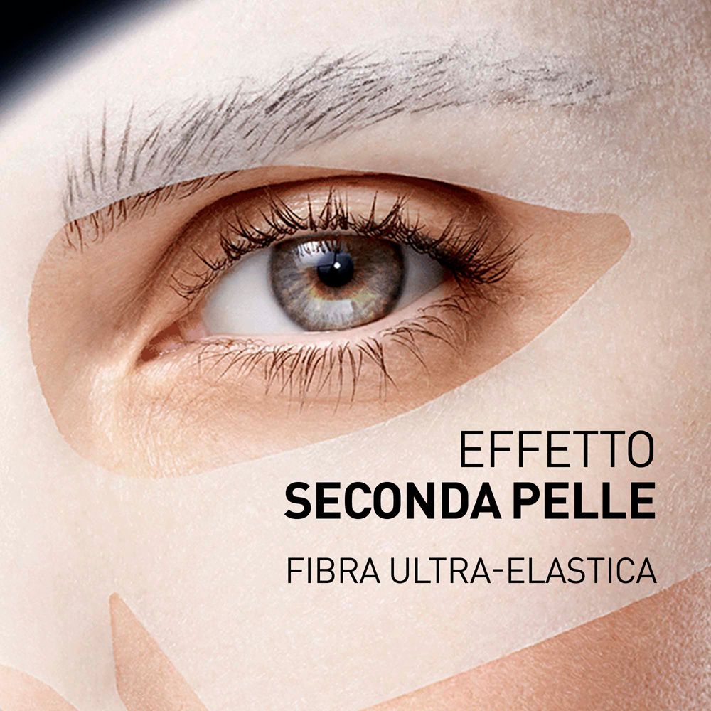 Primo piano di un occhio con una maschera. Testo: EFFETTO SECONDA PELLE, FIBRA ULTRA-ELASTICA.