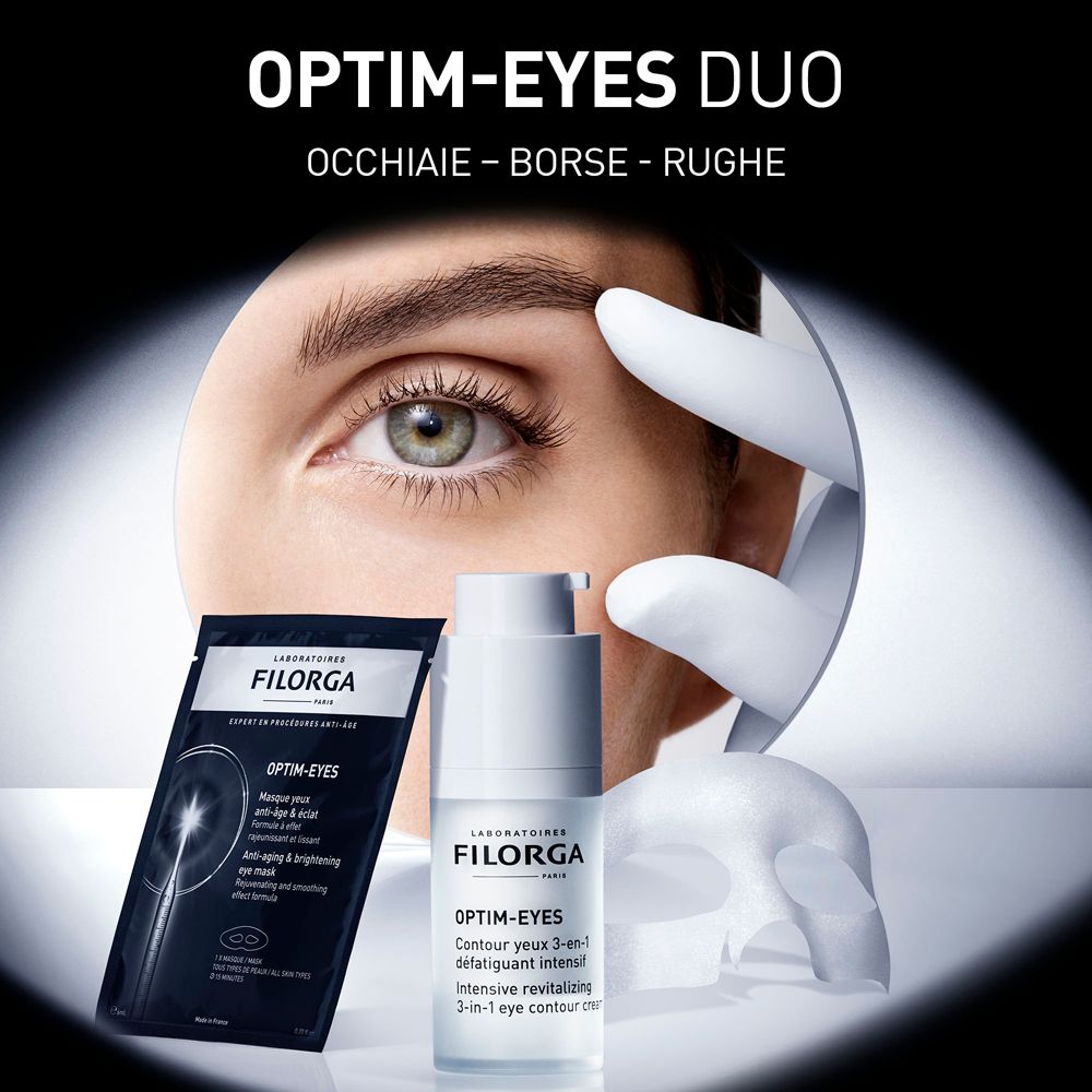 Immagine del prodotto: OPTIM-EYES DUO, maschera e crema occhi. Testo: OCCHIAIE - BORSE - RUGHE. Marchio: FILORGA.