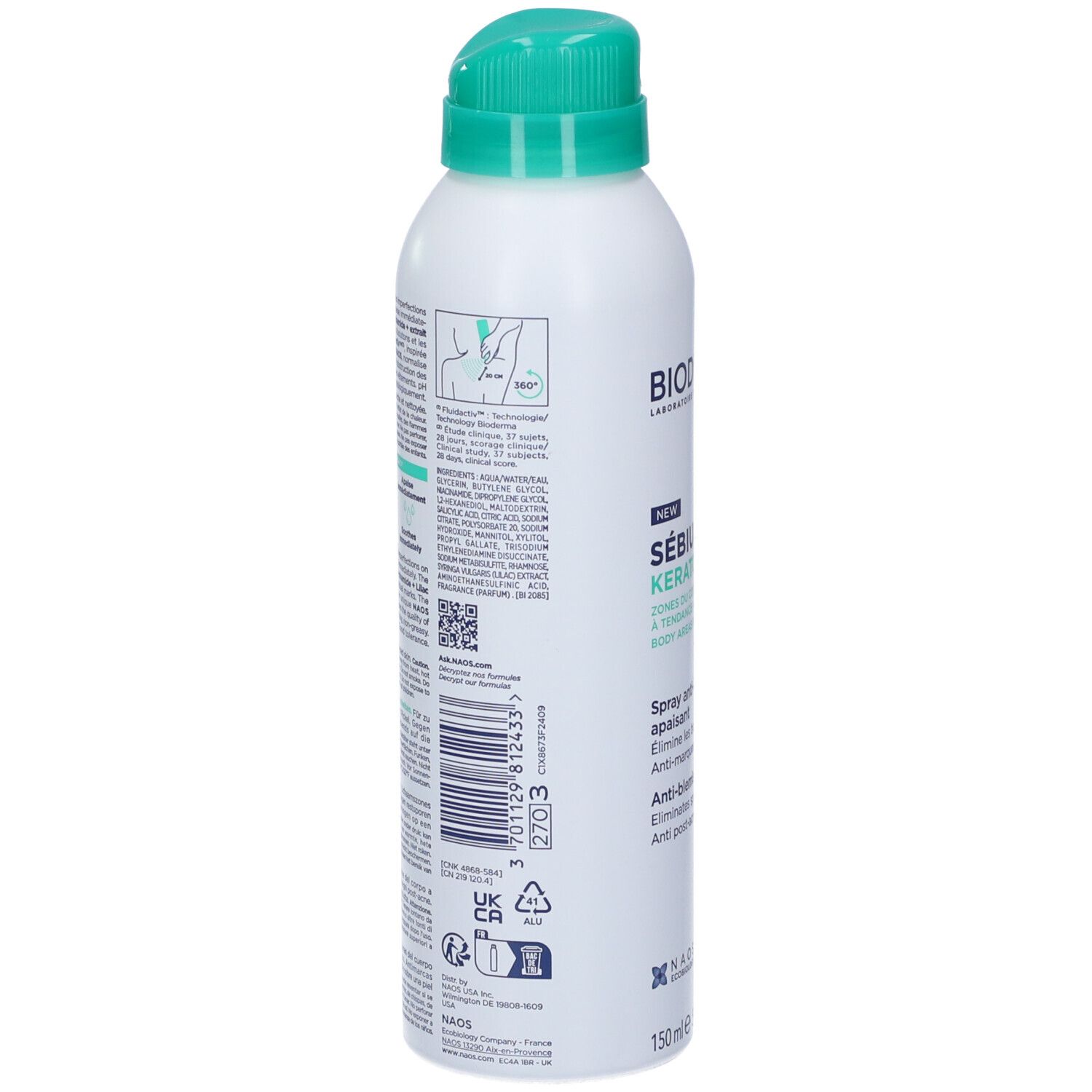 Spray bianco, retro. Testo e loghi. Contiene informazioni sul prodotto e sugli ingredienti.