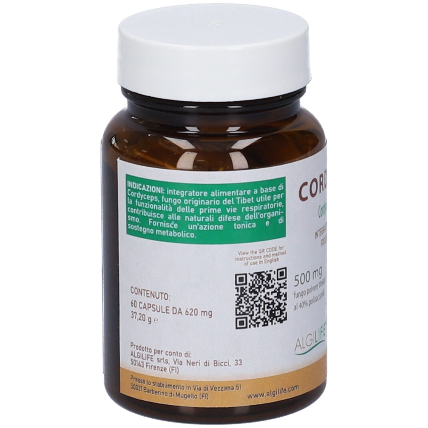 Flacone di vetro marrone con tappo bianco. Scritta CORDYCEPS, 500 mg, ALGILIFE. 60 capsule. Testo e QR code sul retro.