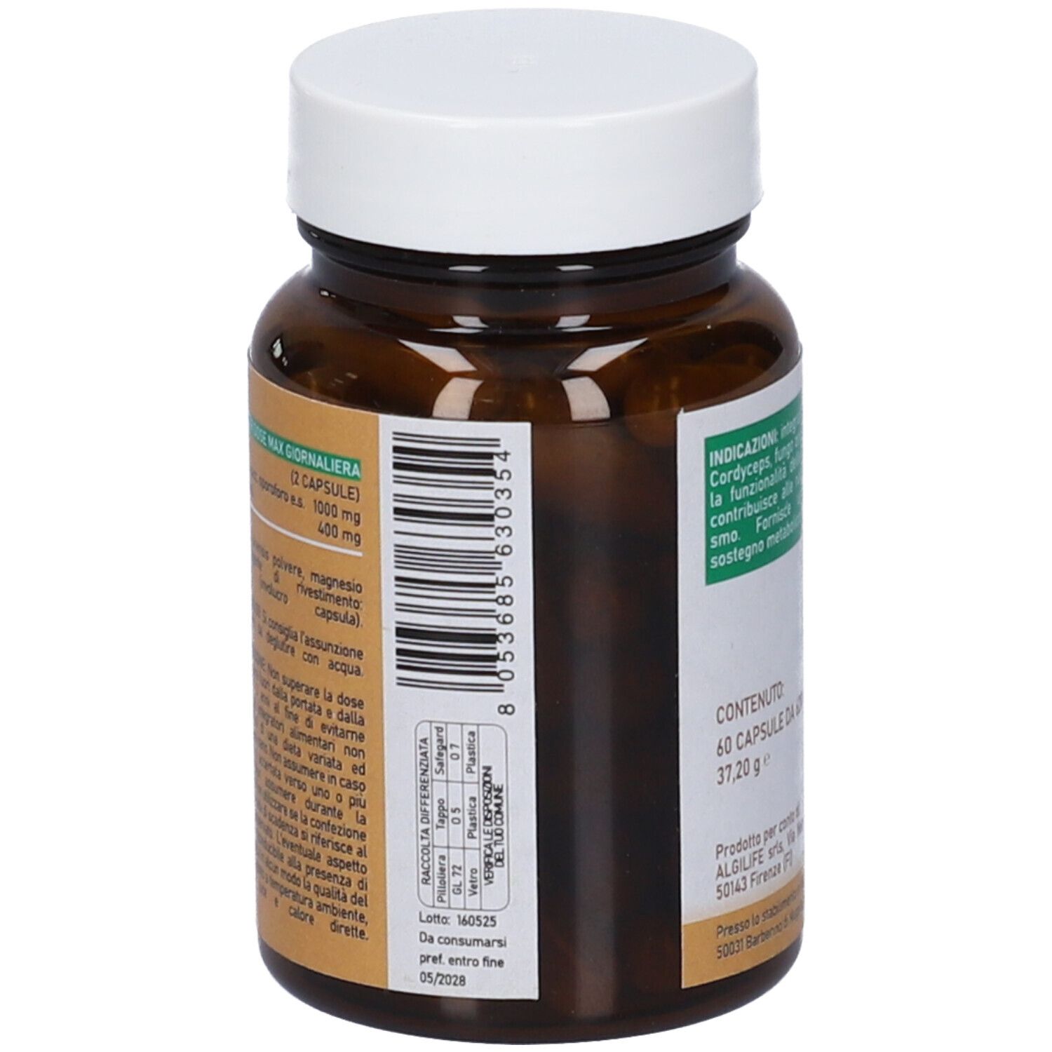 Flacone di vetro marrone con tappo bianco. Scritta CORDYCEPS, 500 mg, ALGILIFE. 60 capsule. Testo e codice a barre sul retro.