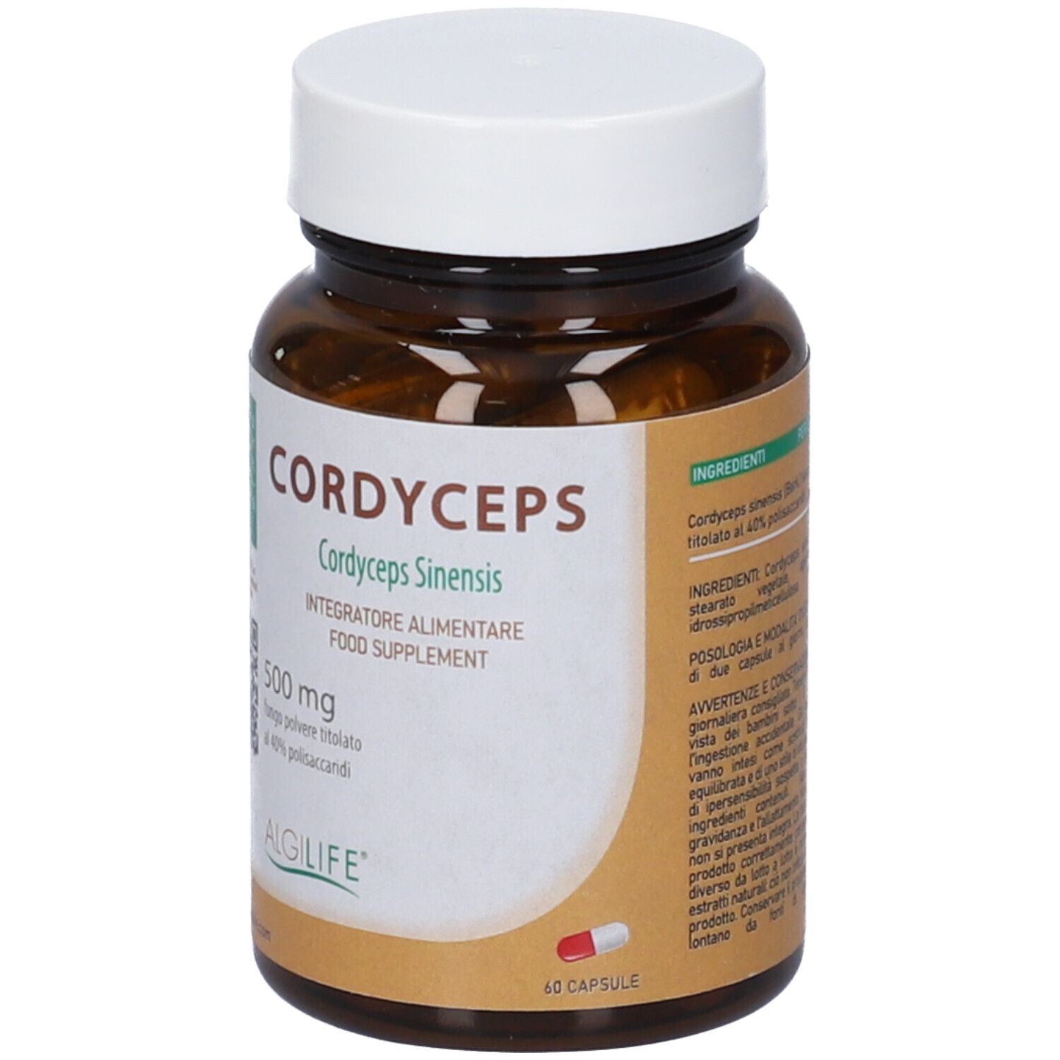 Flacone di vetro marrone con tappo bianco. Scritta CORDYCEPS, 500 mg, ALGILIFE. 60 capsule. Etichetta con ingredienti.