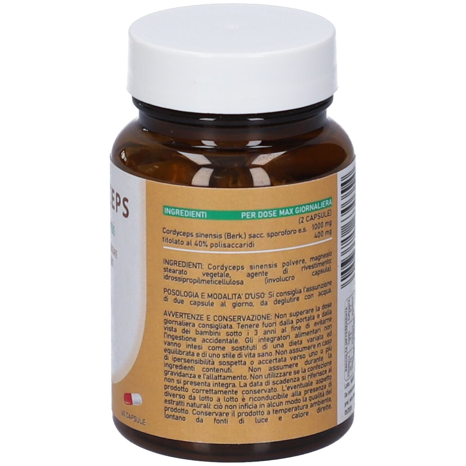 Flacone di vetro marrone con tappo bianco. Scritta CORDYCEPS, 500 mg, ALGILIFE. 60 capsule. Etichetta con ingredienti e uso.