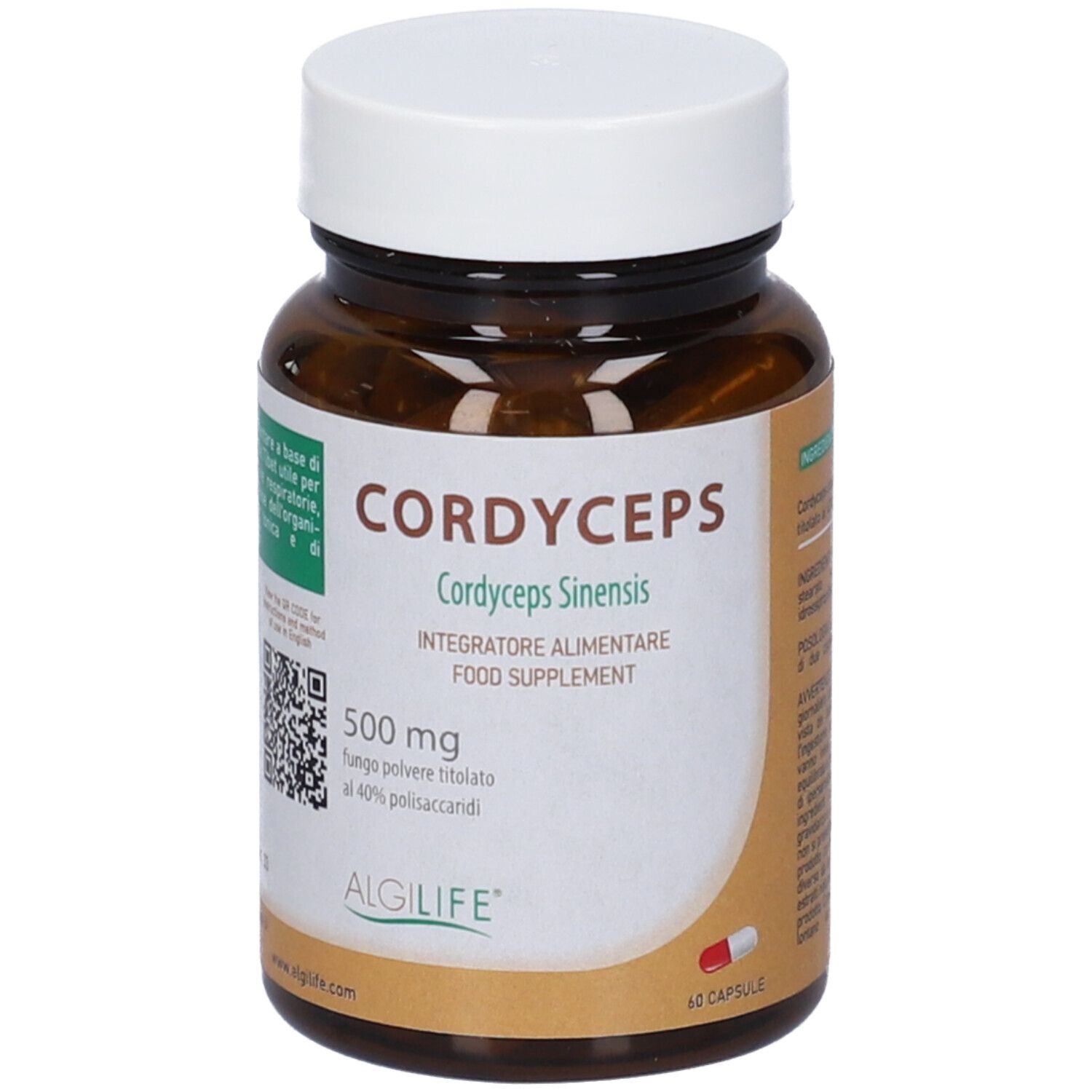 Flacone di vetro marrone con tappo bianco. Scritta CORDYCEPS, 500 mg, ALGILIFE. 60 capsule. Capsula rossa e bianca visibile.