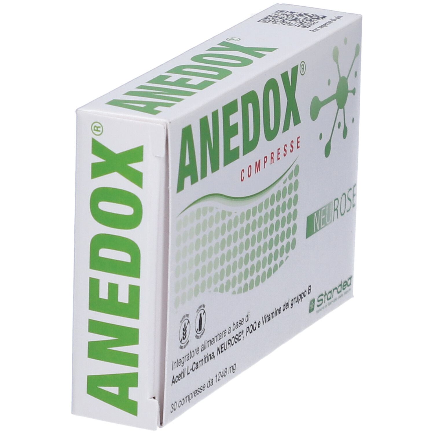 Scatola "ANEDOX COMPRESSE" in prospettiva. Confezione verde e bianca con logo e testo. 30 compresse.