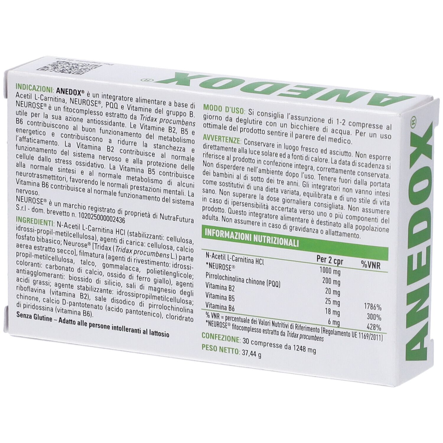 Retro della scatola "ANEDOX COMPRESSE". Testo con ingredienti e informazioni nutrizionali. Sfondo bianco.