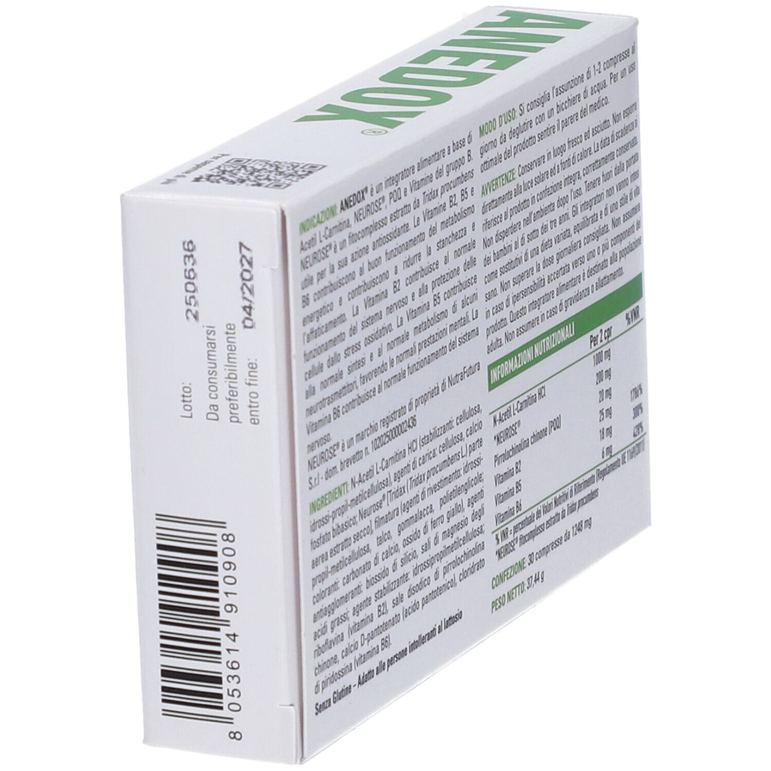 Scatola "ANEDOX COMPRESSE" in prospettiva. Retro con testo, numero di lotto e codice a barre. Sfondo bianco.