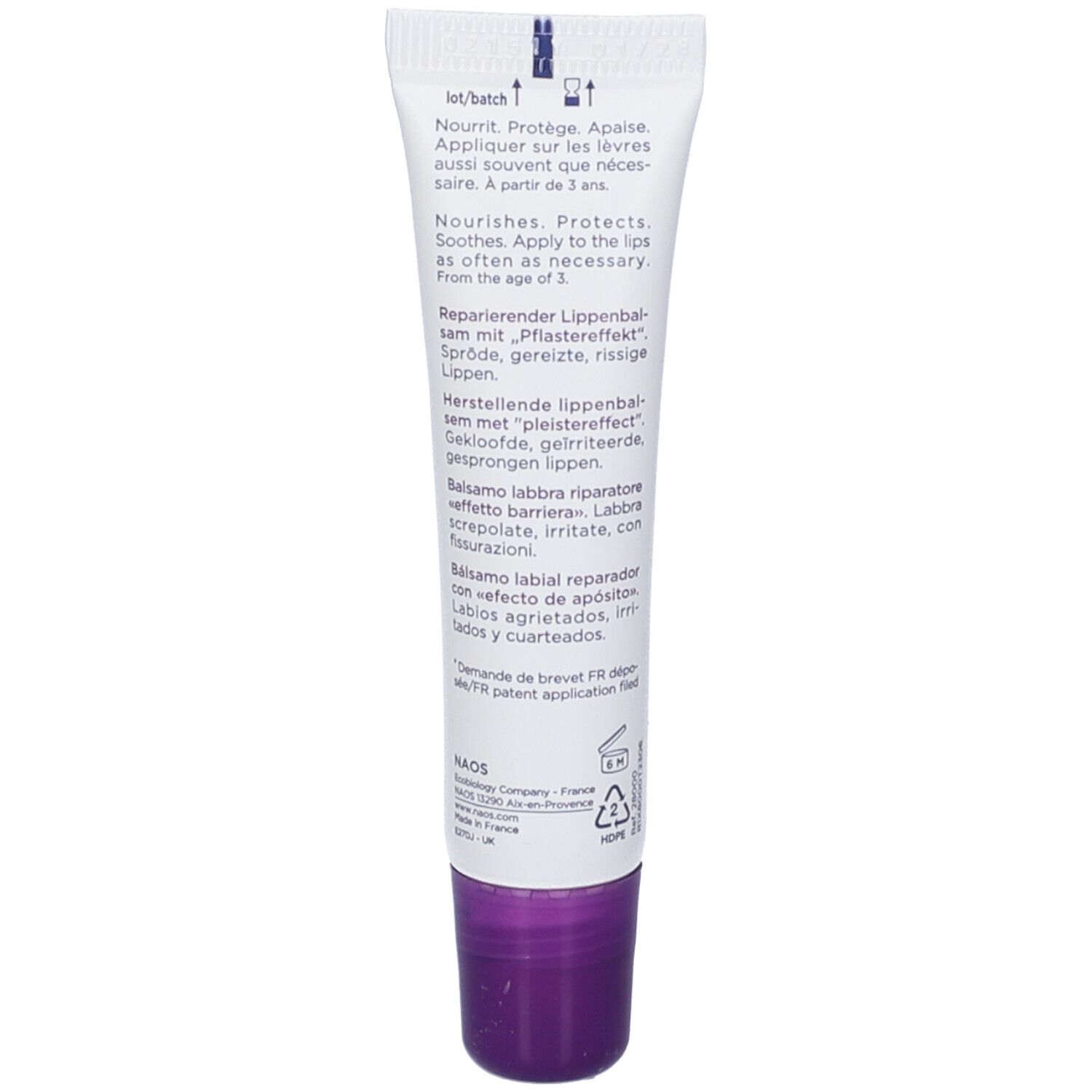 Retro del tubo. Testo multilingue. Informazioni sull'uso e sugli ingredienti.