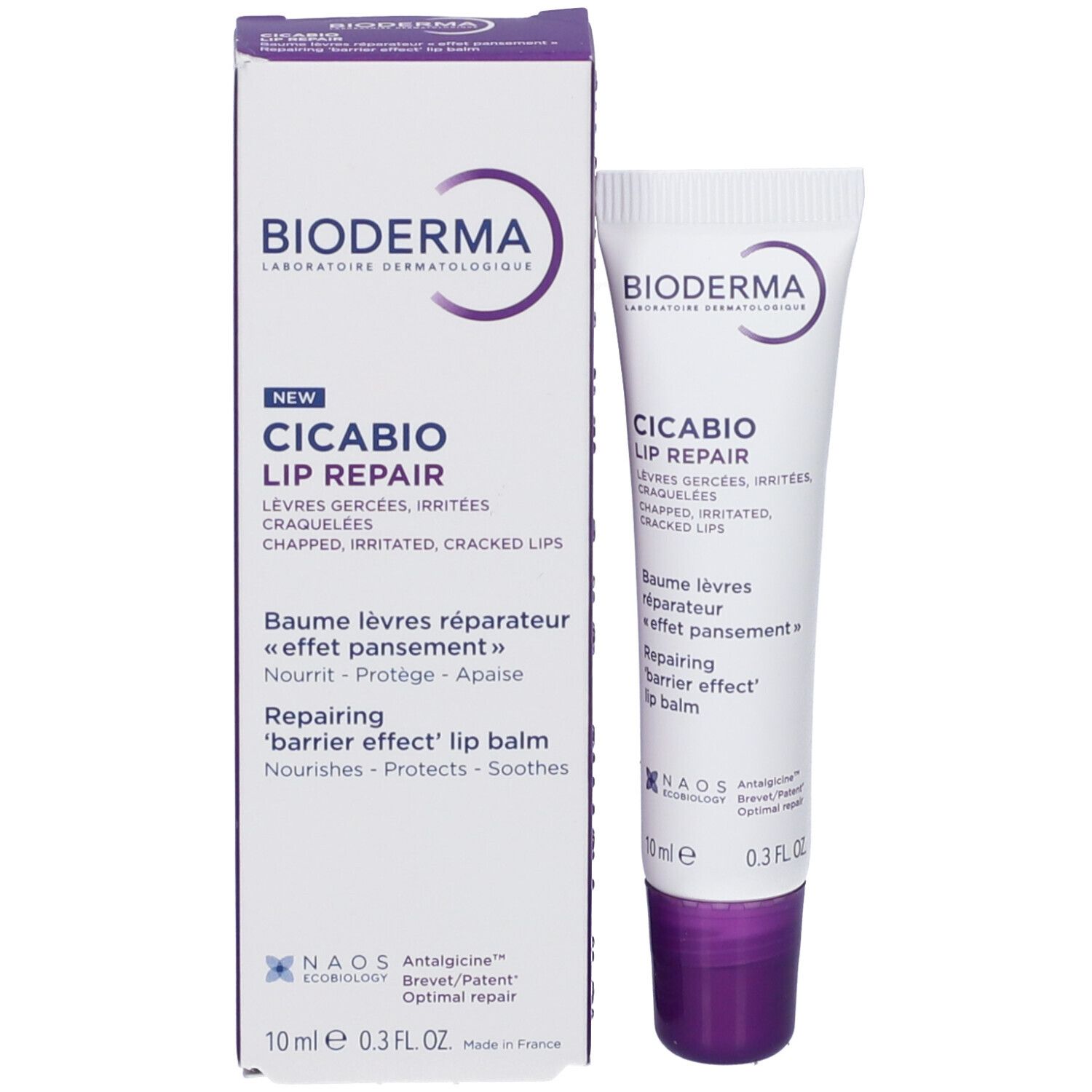 Prodotto e confezione. Tubo bianco e scatola. Scritta: Bioderma, Cicabio Lip Repair. 10 ml.