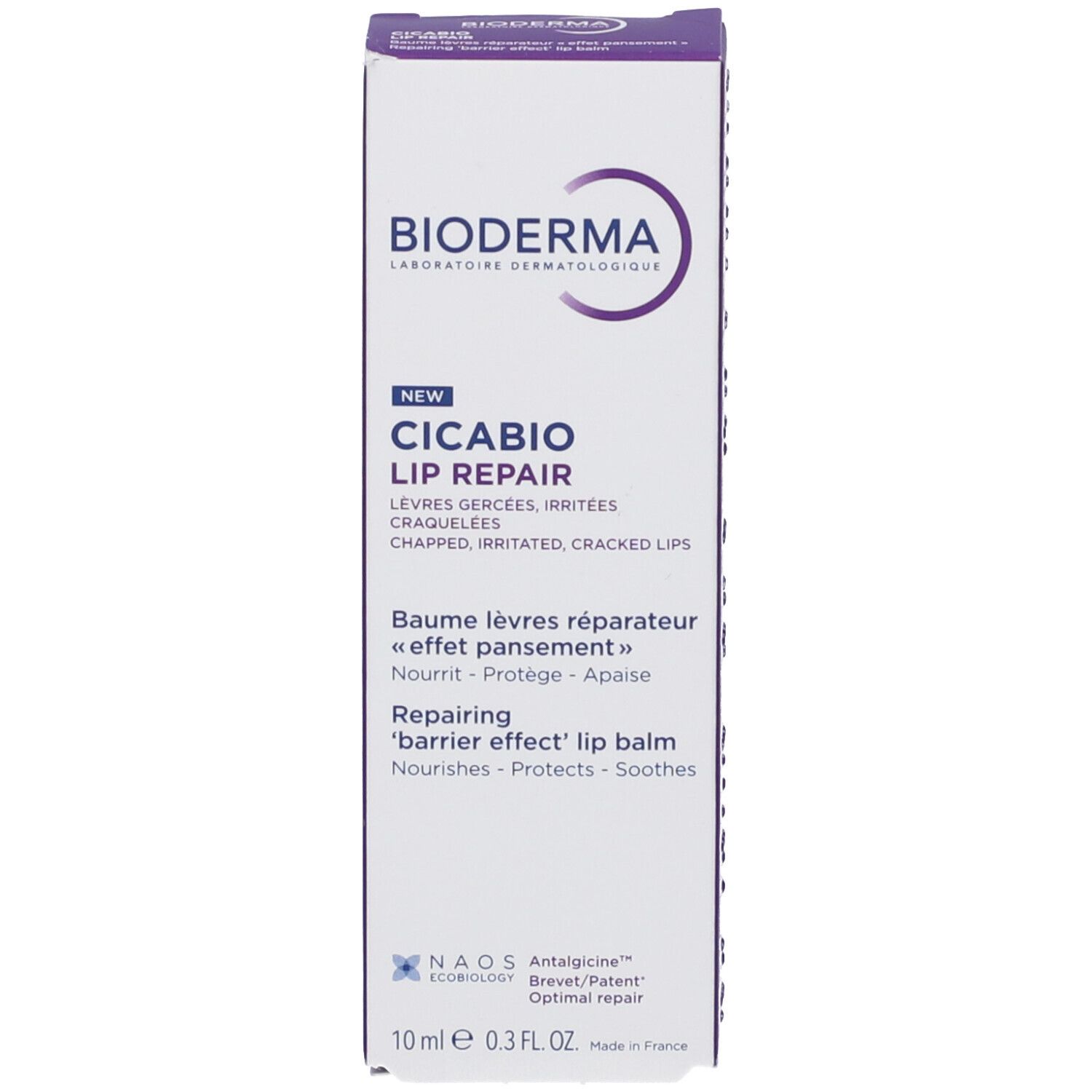 Confezione in cartone. Scritta: Bioderma, Cicabio Lip Repair. Contiene informazioni sul prodotto.