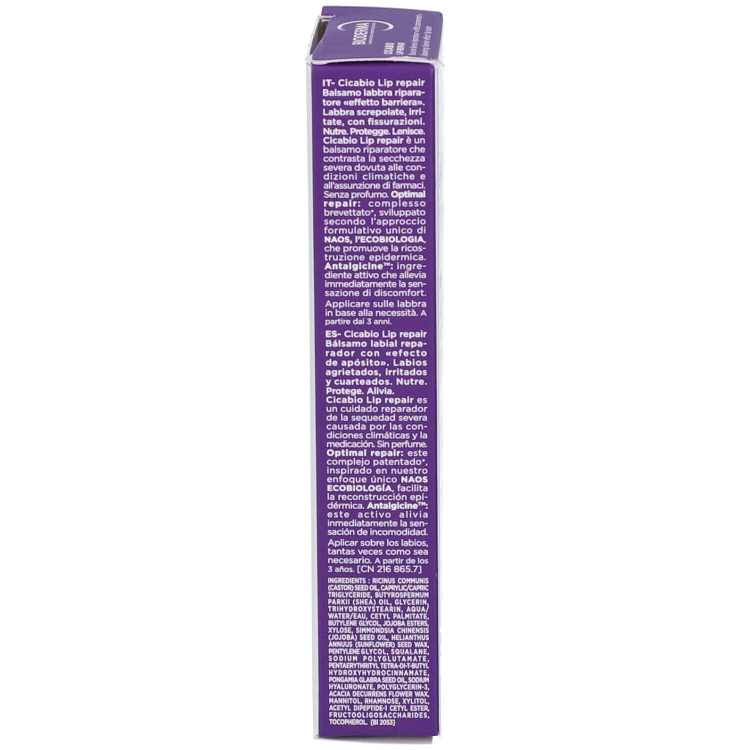 Lato stretto della confezione in cartone. Testo multilingue. Informazioni sul prodotto.