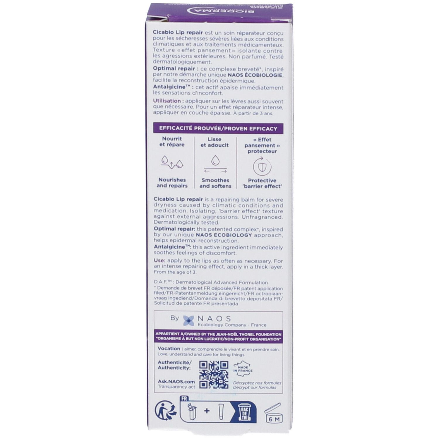 Retro della confezione in cartone. Testo multilingue. Informazioni sul prodotto.