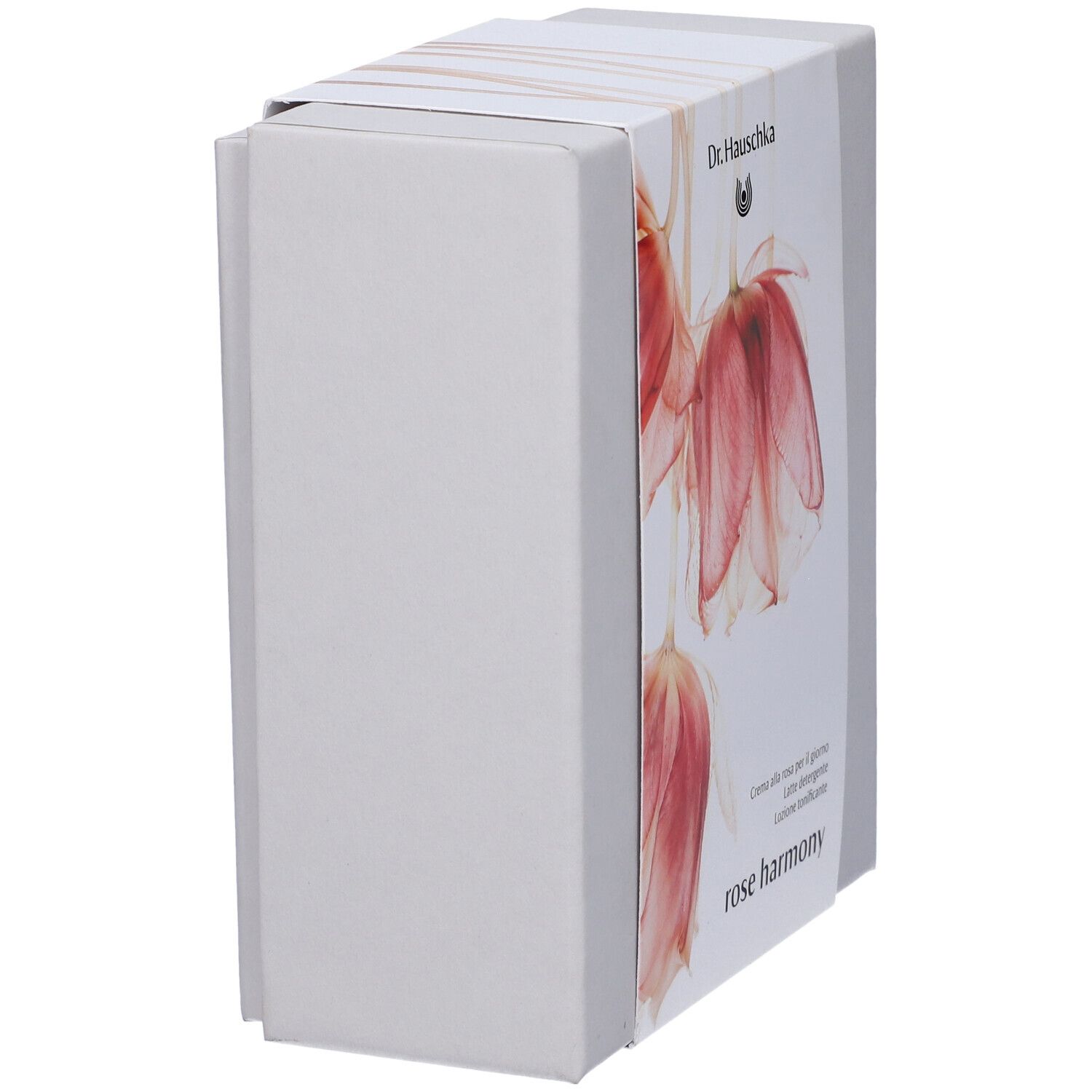 Scatola bianca, vista laterale. Fascia floreale stampata con il nome del prodotto Rose Harmony.
