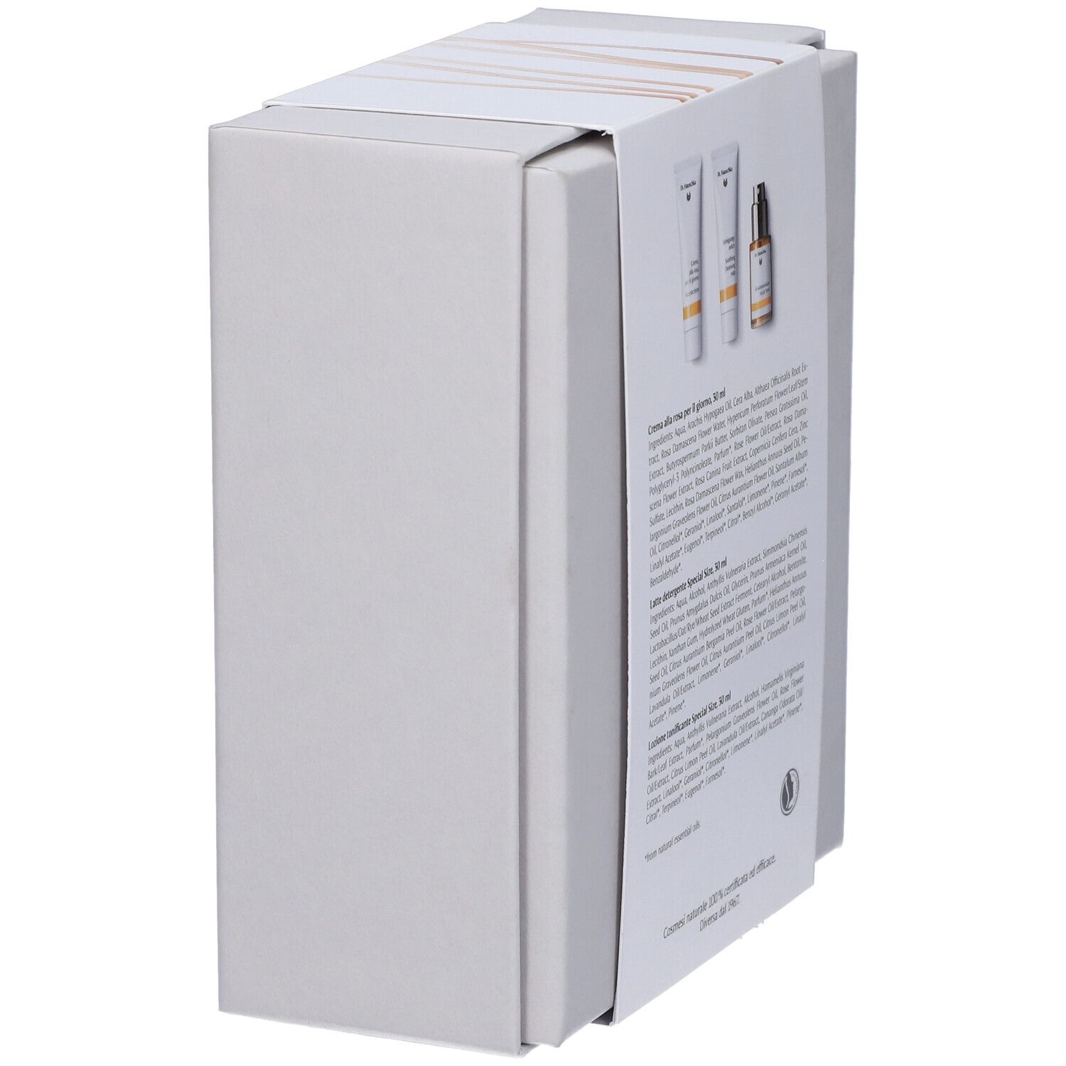 Vista laterale della scatola con informazioni sul prodotto. Contiene creme, lozioni e siero. Marchio Dr. Hauschka.