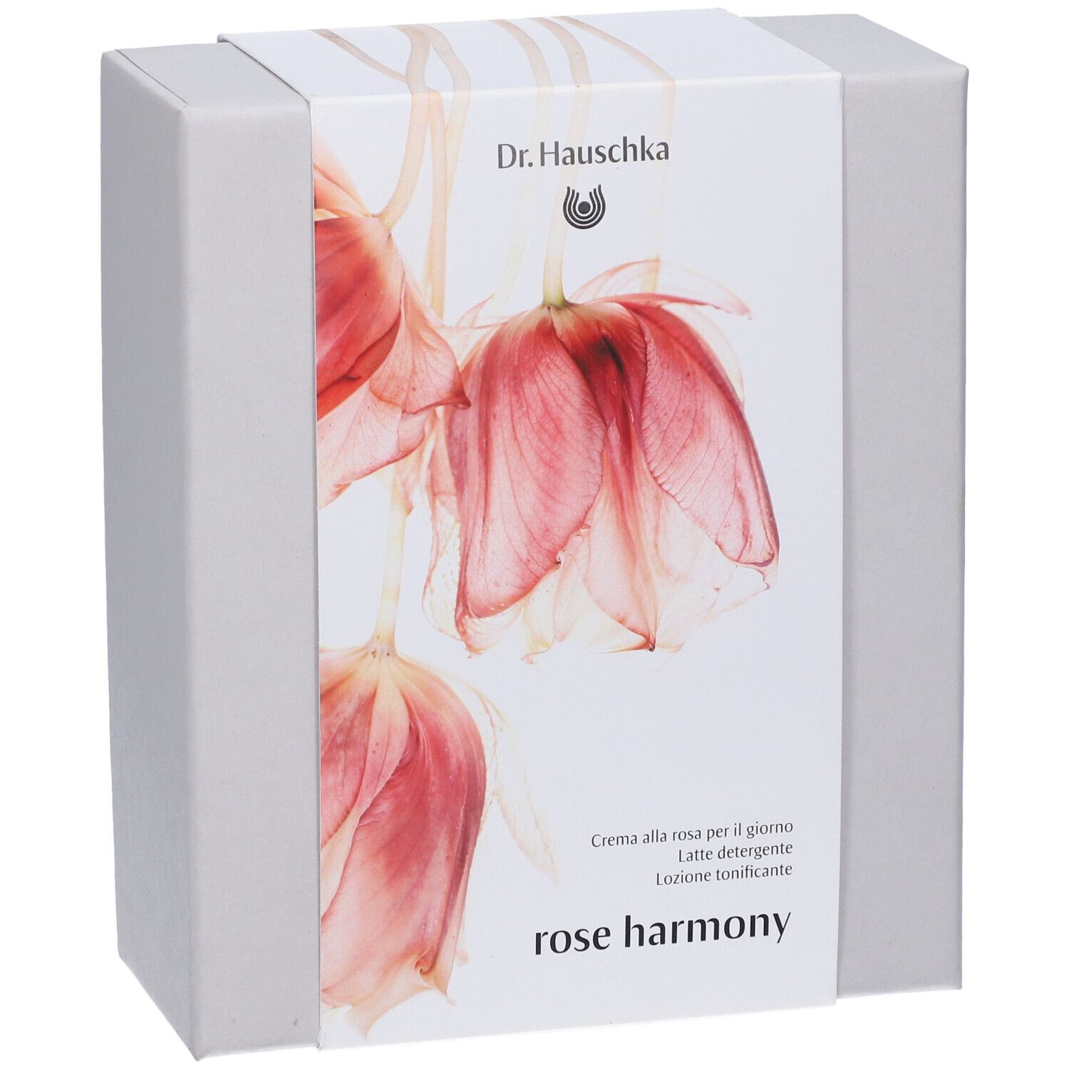 Scatola bianca con design floreale e nome del prodotto Rose Harmony. Marchio Dr. Hauschka.