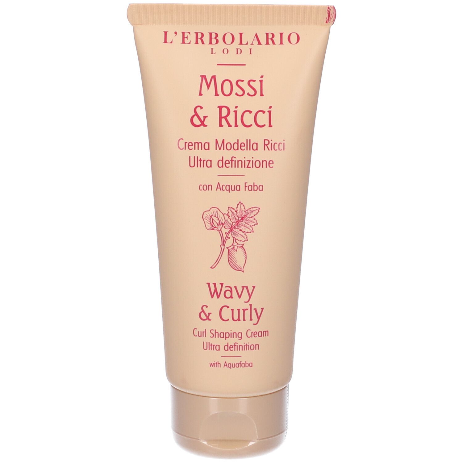 Retro del tubo di crema. Testo in italiano e inglese. 100ml. Prodotto in Italia. Con Aqua Faba.