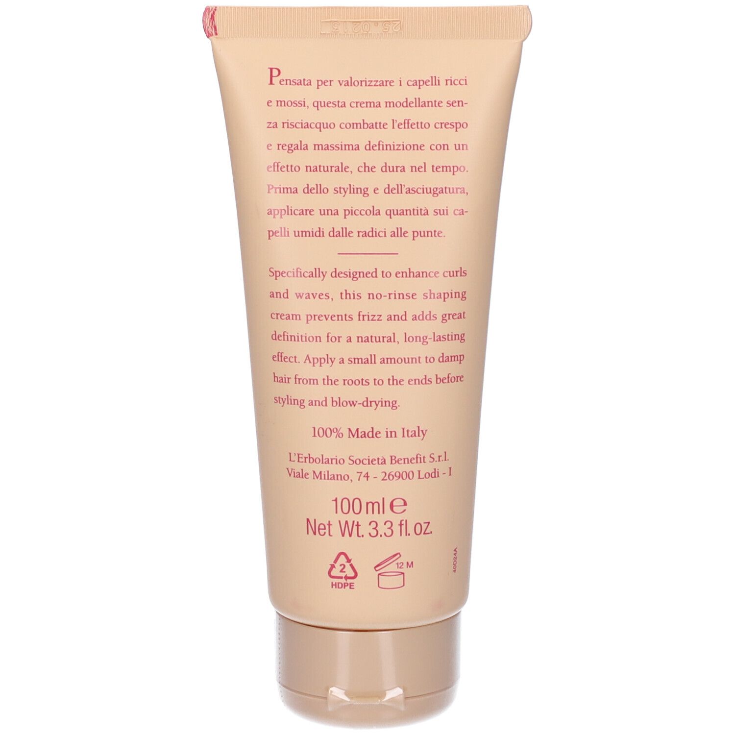 Tubo e scatola di crema. Scritta: L'Erbolario Mossi & Ricci. Crema per capelli ricci. Con Aqua Faba. 100ml.