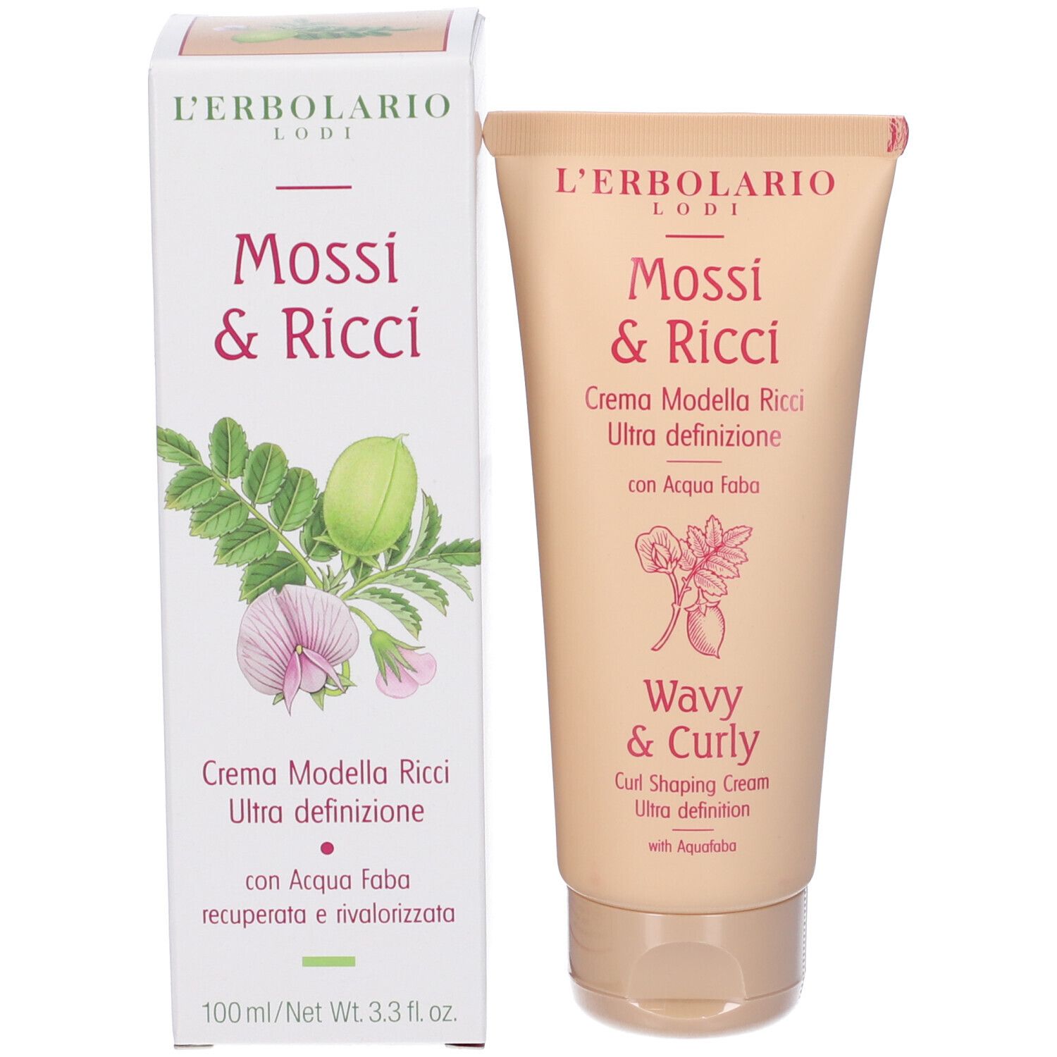 Scatola. Scritta: L'Erbolario Mossi & Ricci. Crema per capelli ricci. Con Aqua Faba. 100ml.
