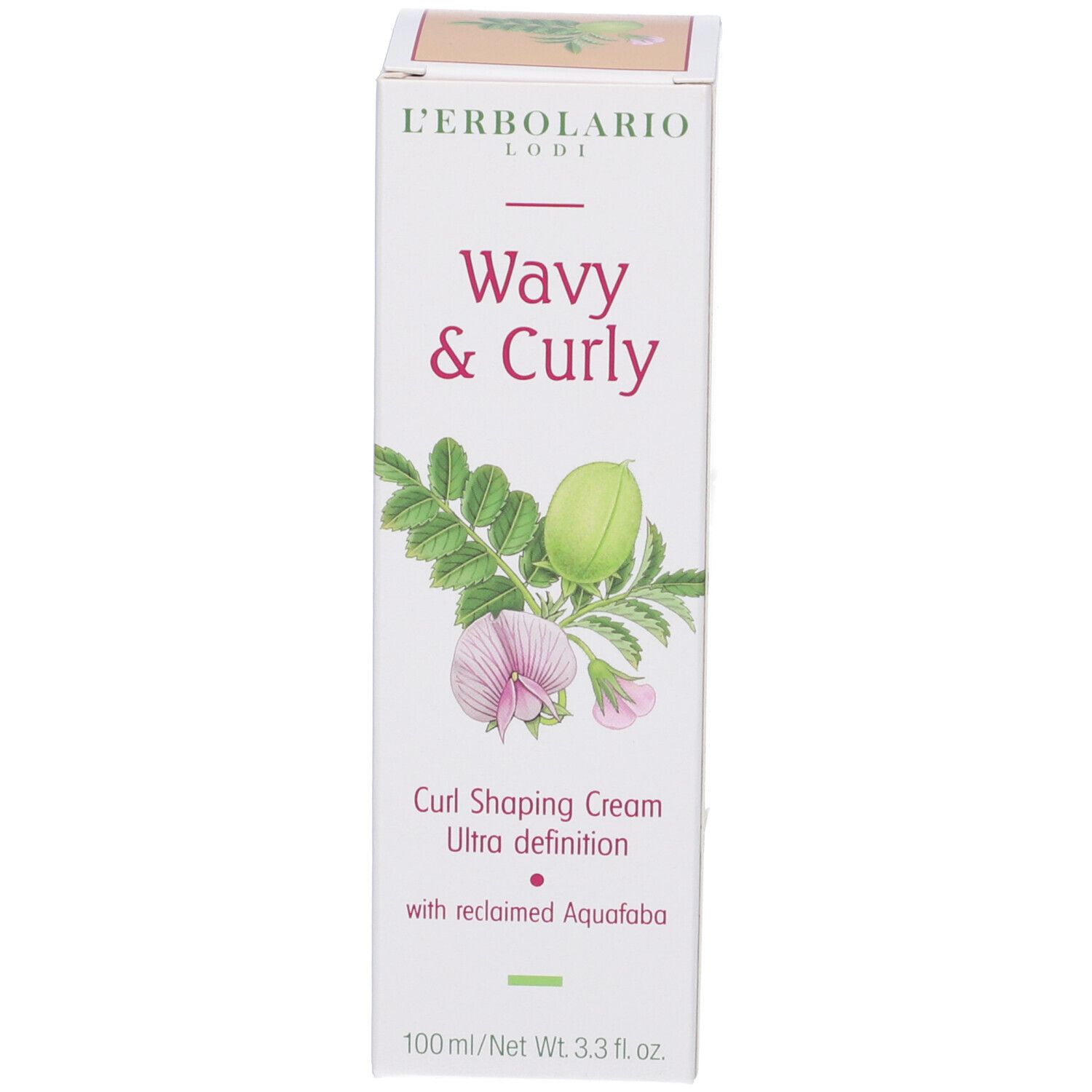 Retro della scatola. Testo in italiano e inglese. 100ml. Prodotto in Italia. Con Aqua Faba.