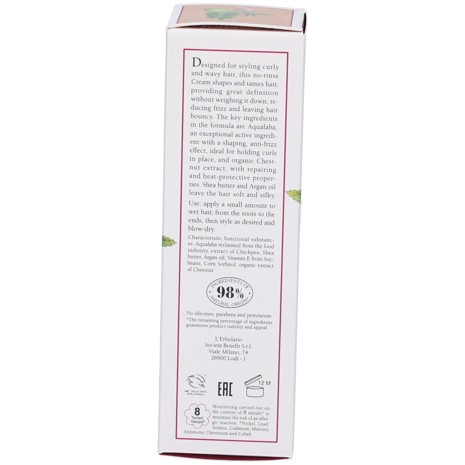 Retro della scatola. Testo in italiano e inglese. 100ml. Prodotto in Italia. Con Aqua Faba.