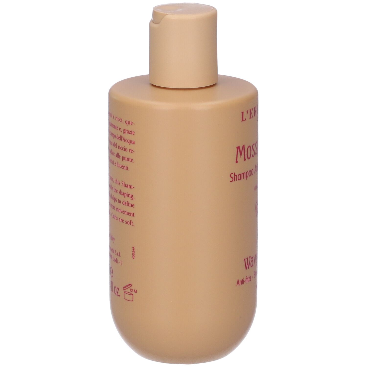 Retro flacone shampoo beige. Testo: 'L'Erbolario Mossi & Ricci Shampoo'.