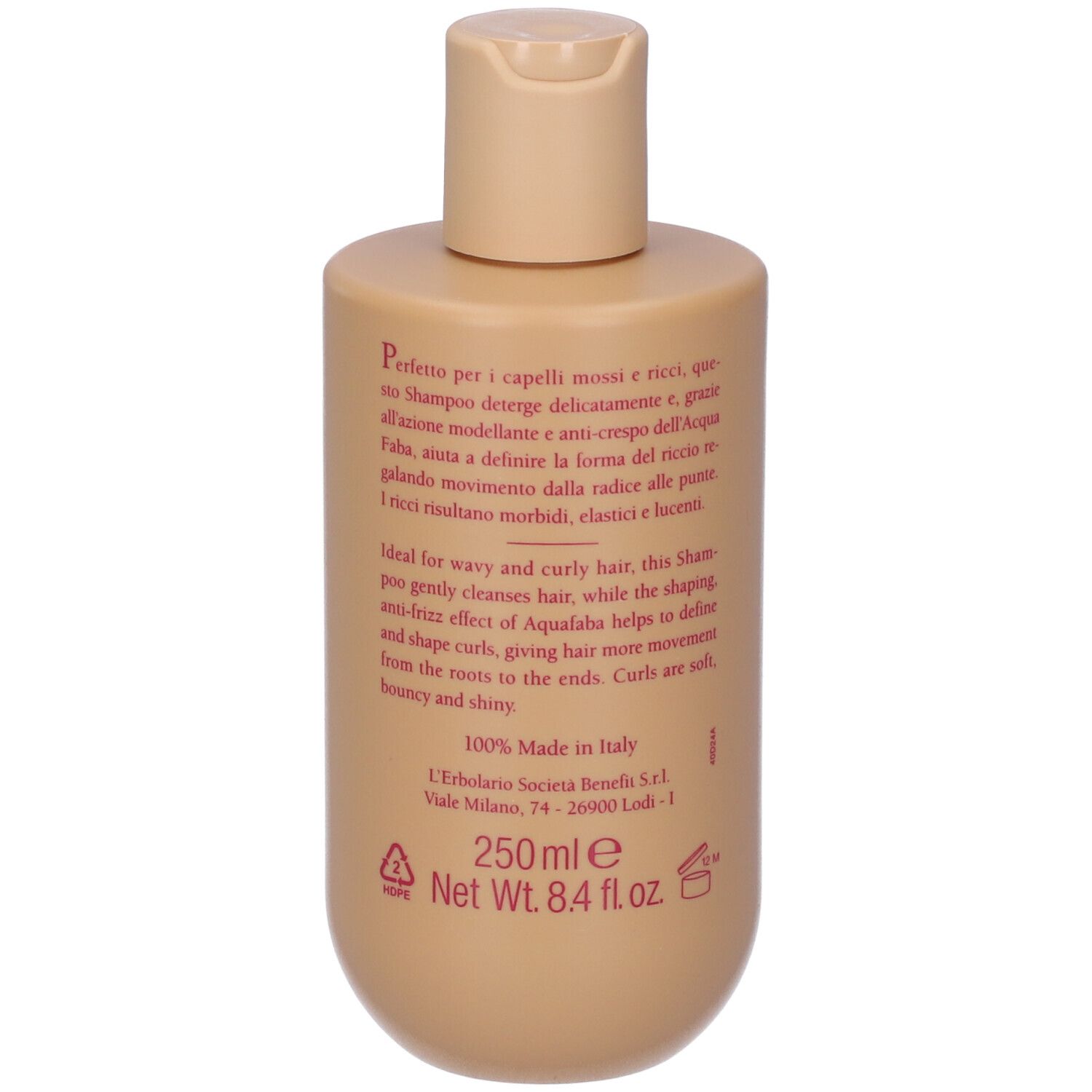 Retro flacone shampoo. Testo: 'L'Erbolario Mossi & Ricci Shampoo'. 250ml.