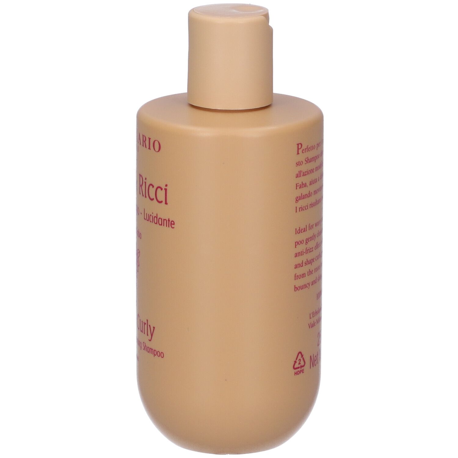 Vista laterale flacone shampoo beige. Testo: 'L'Erbolario Mossi & Ricci Shampoo'.