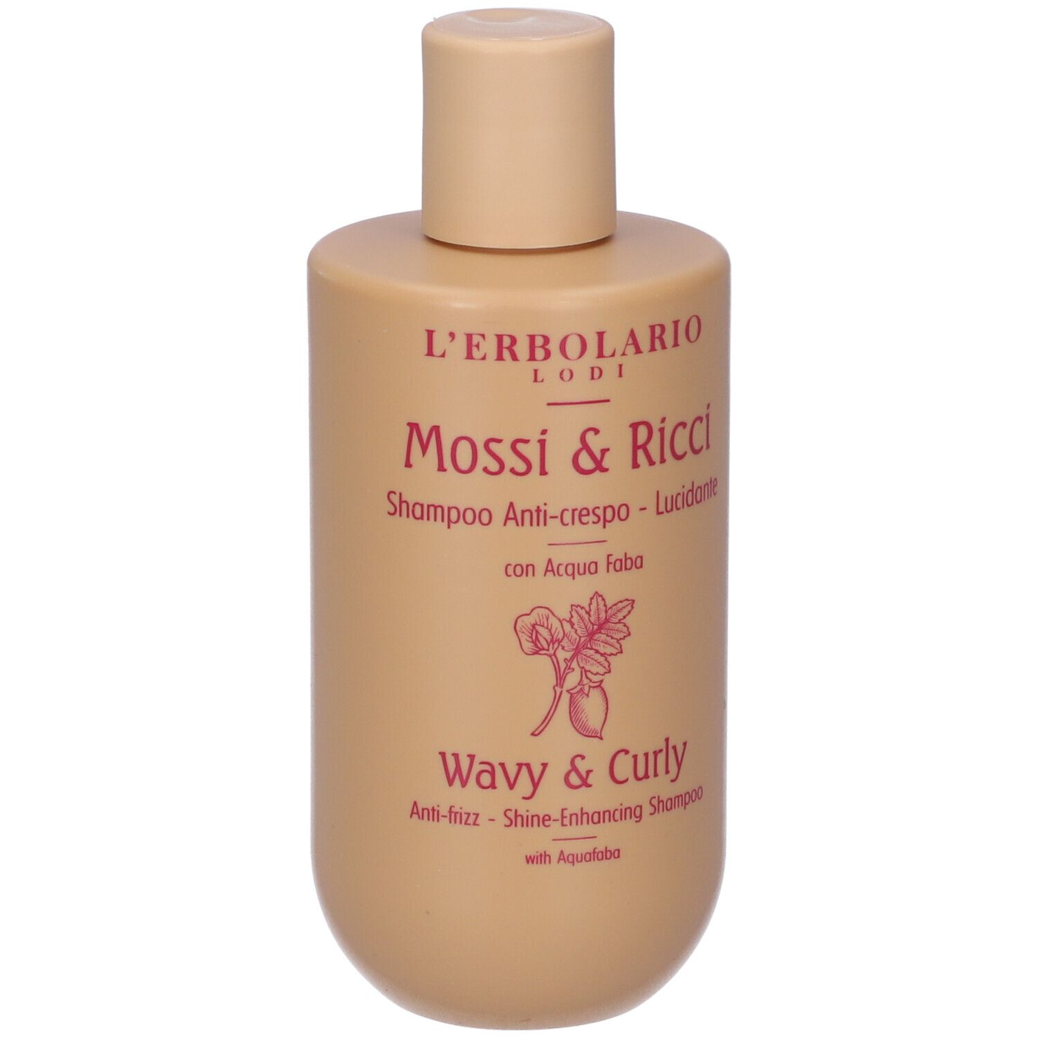 Flacone di shampoo beige con testo 'L'Erbolario Lodi Mossi & Ricci'. Testo: 'Wavy & Curly'.