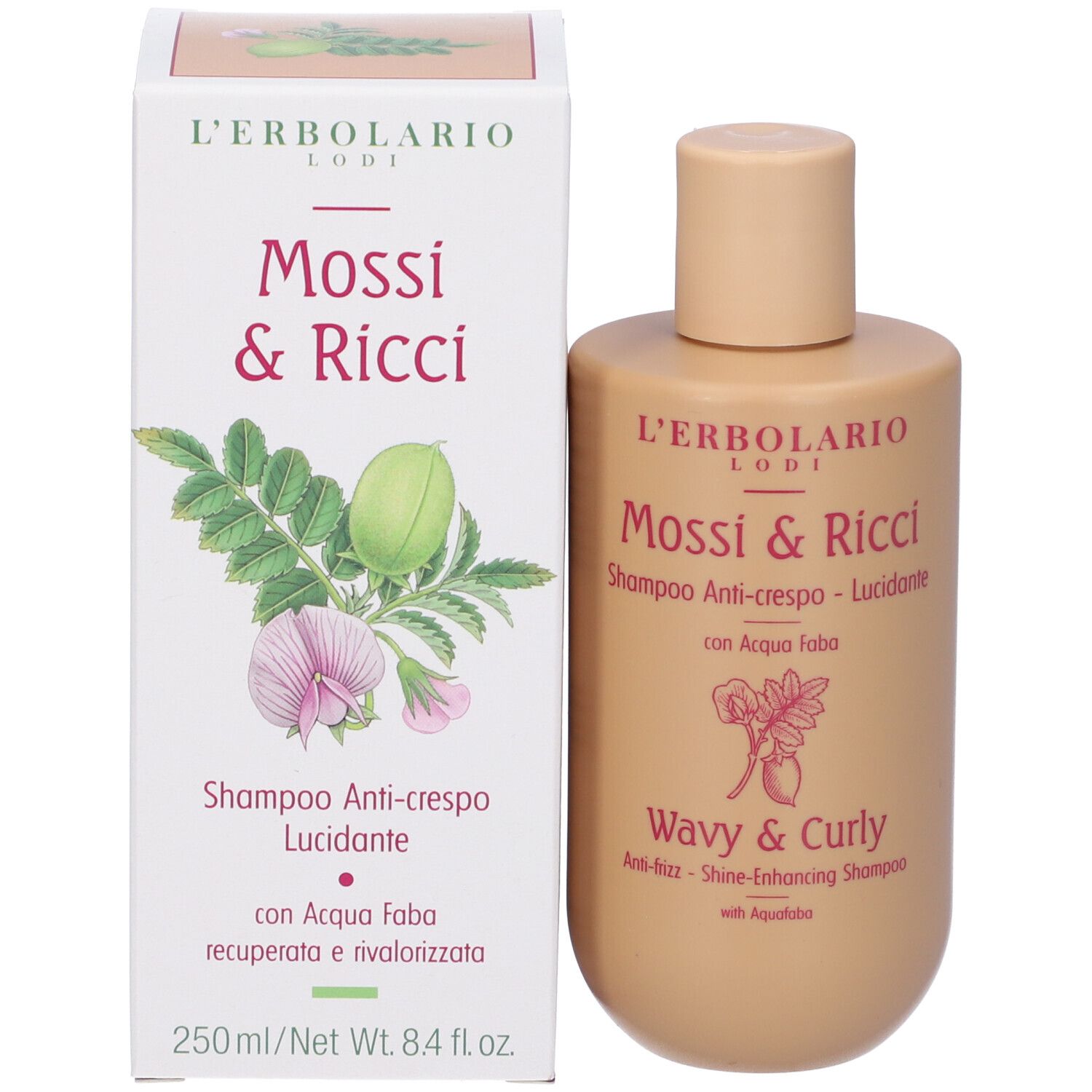 Flacone di shampoo e scatola. Testo: 'L'Erbolario Mossi & Ricci'. 250ml.