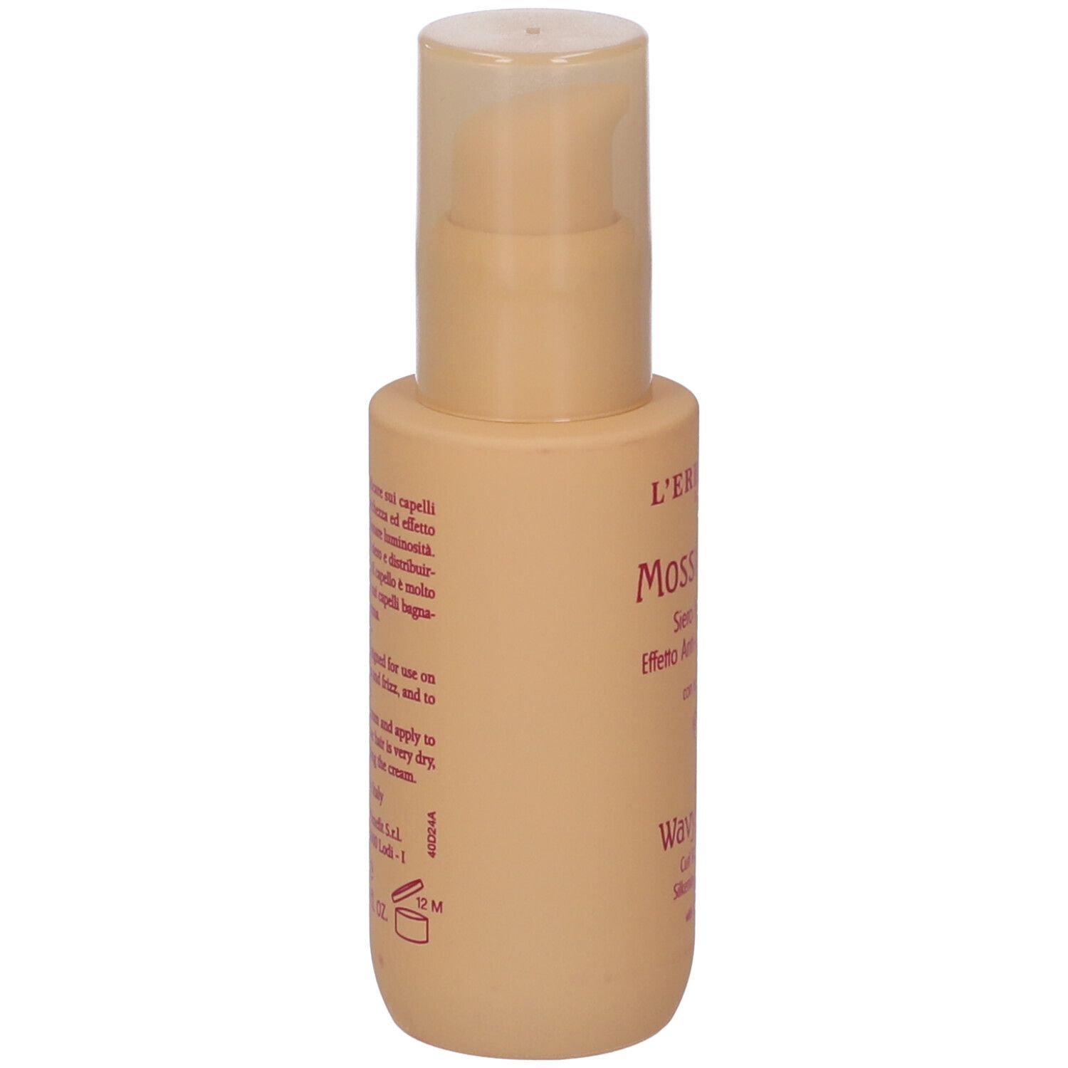 Flacone beige con dosatore, vista laterale. Testo in italiano. Nome prodotto: Mossi & Ricci.